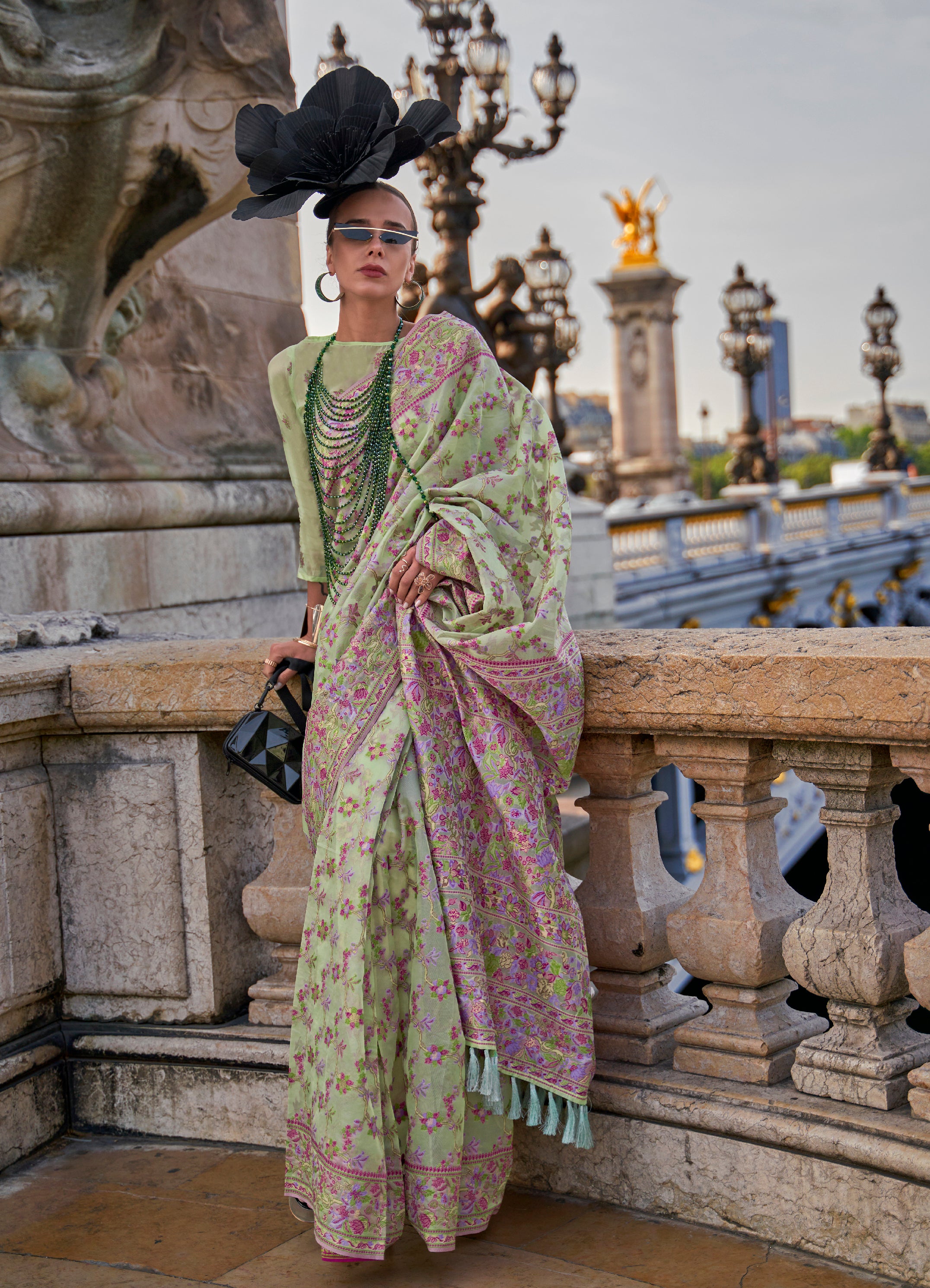 Elegant Mint Green Organza Handloom Parsi Saree