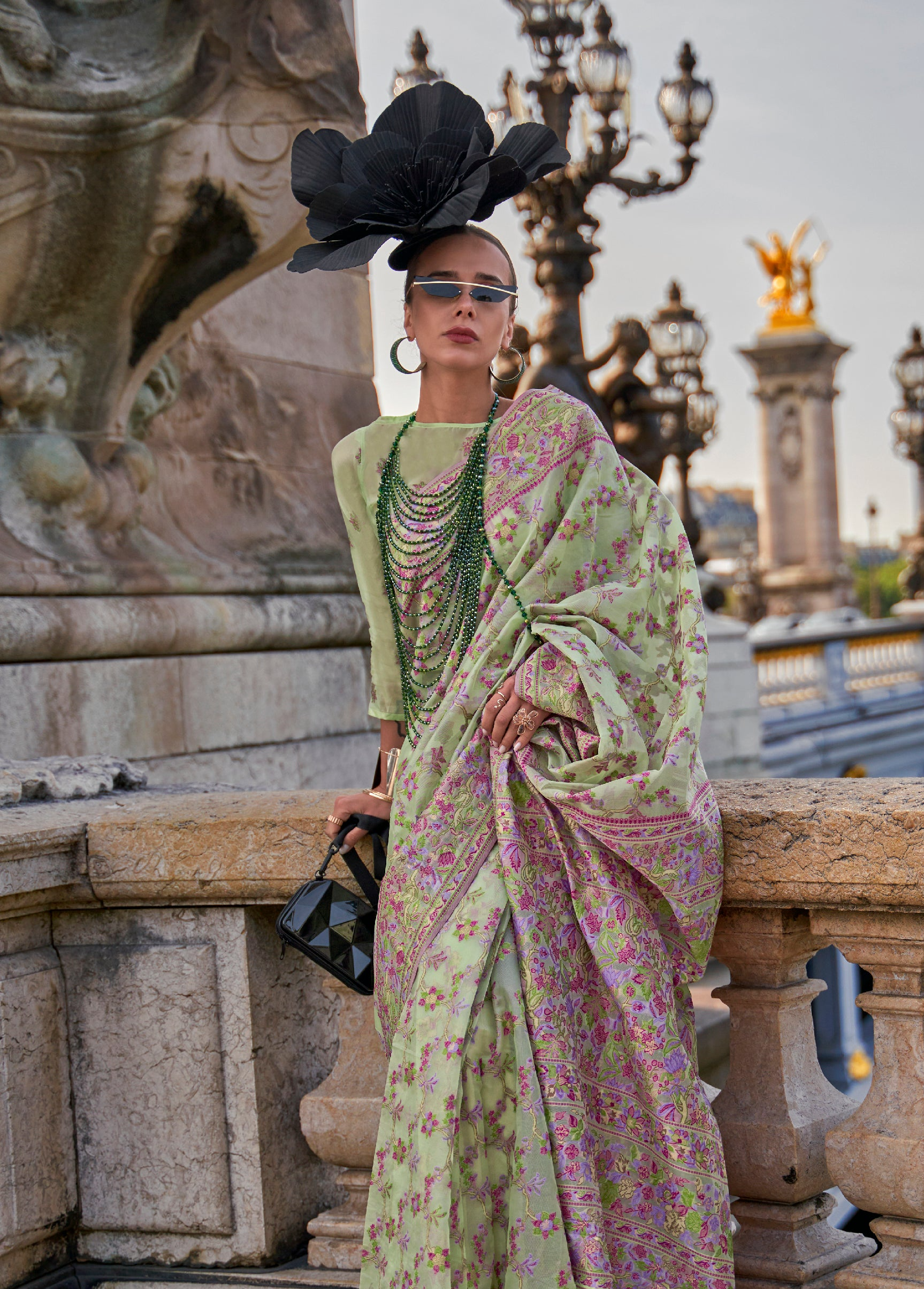 Elegant Mint Green Organza Handloom Parsi Saree