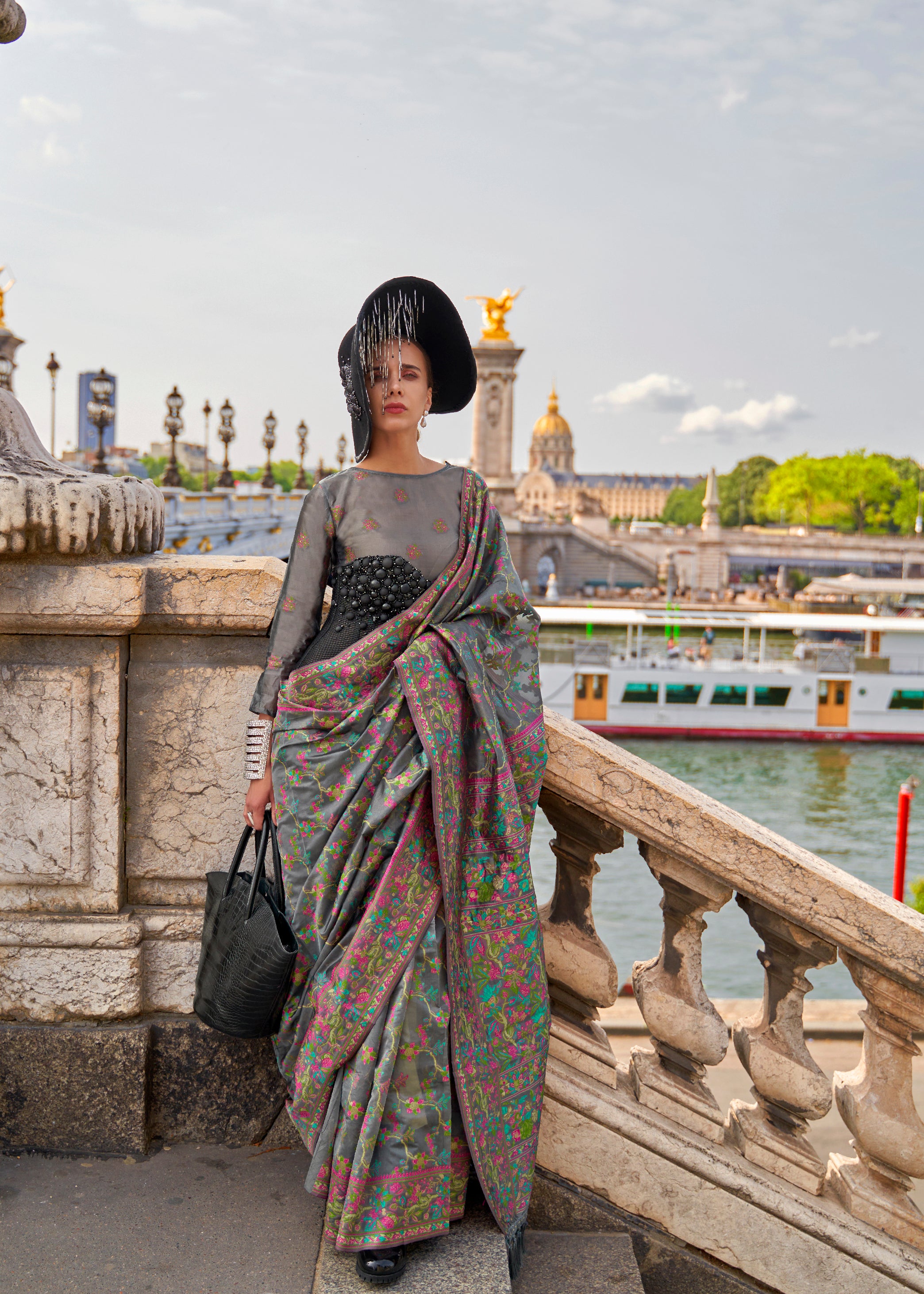 Sophisticated Grey Organza Handloom Parsi Saree