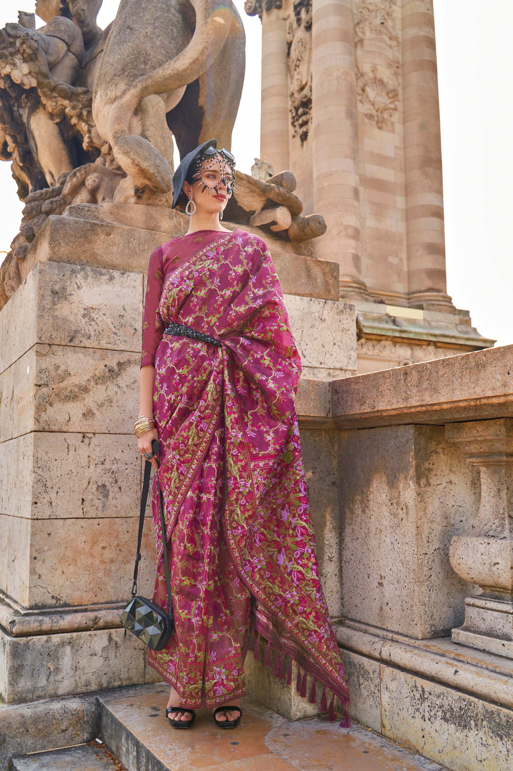 Regal Purple Organza Handloom Parsi Saree