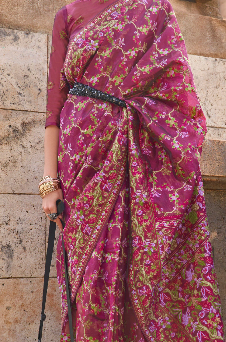 Regal Purple Organza Handloom Parsi Saree