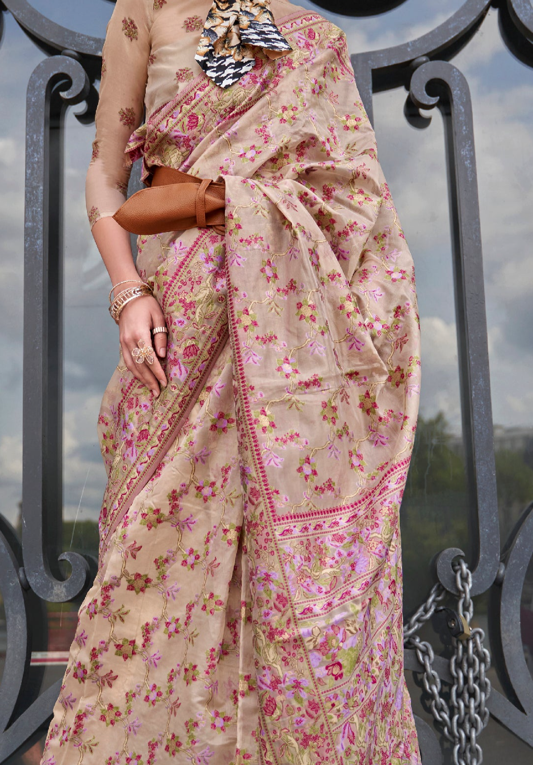 Delicate Light Pink Organza Handloom Parsi Saree