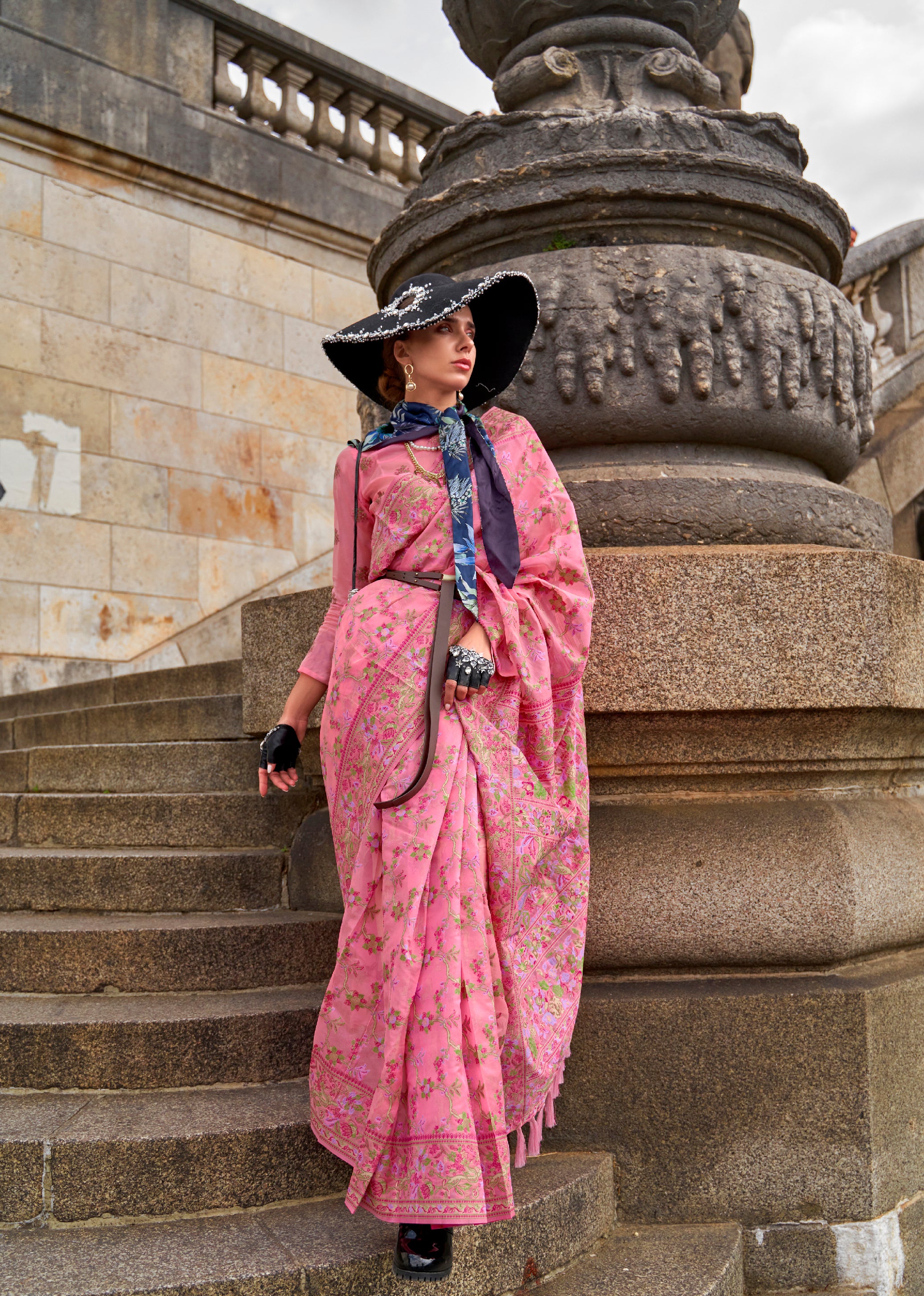 Charming Pink Organza Handloom Parsi Saree