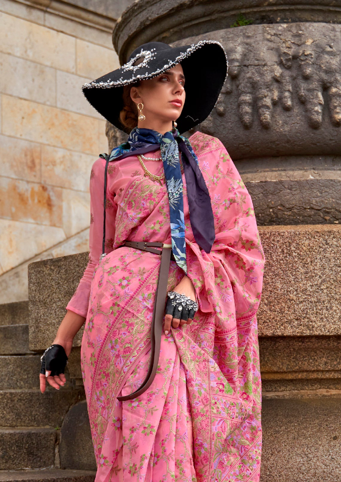 Charming Pink Organza Handloom Parsi Saree