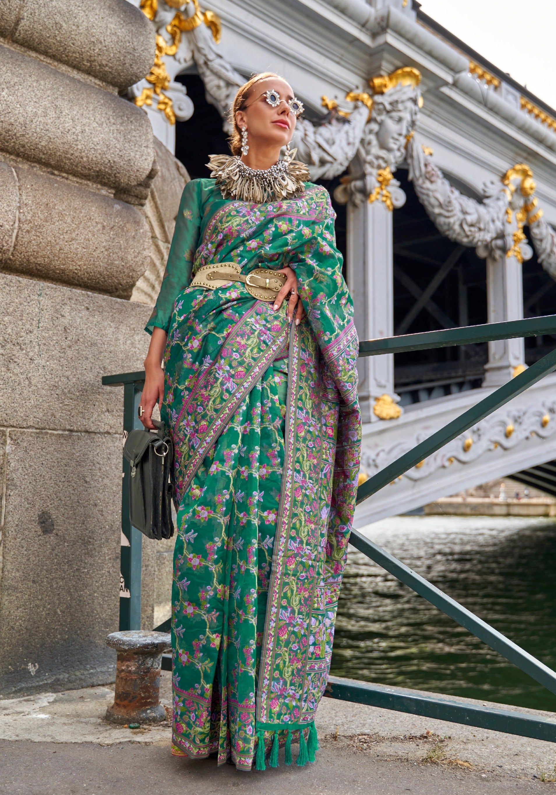 Refined Green Organza Handloom Parsi Saree