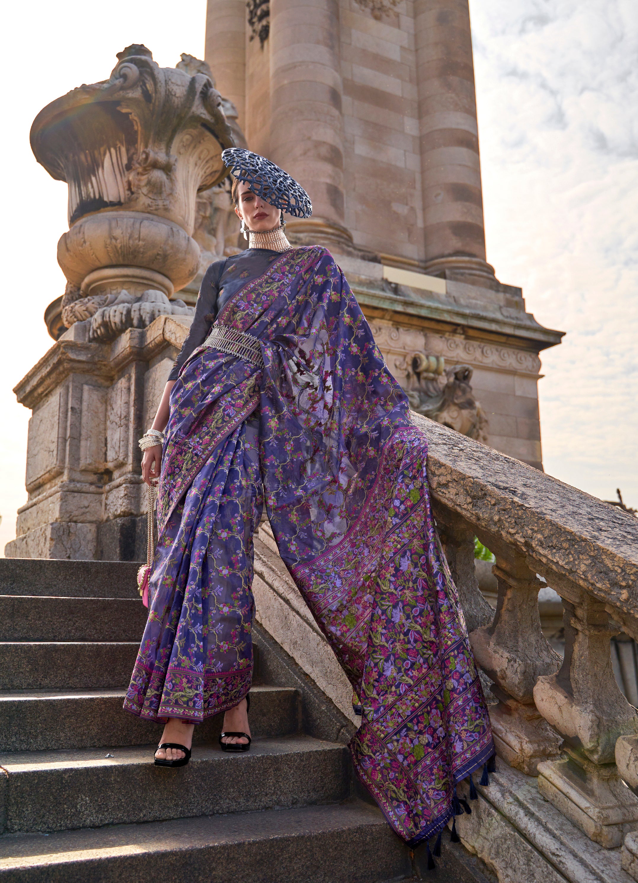 Stylish Purple Organza Handloom Parsi Saree