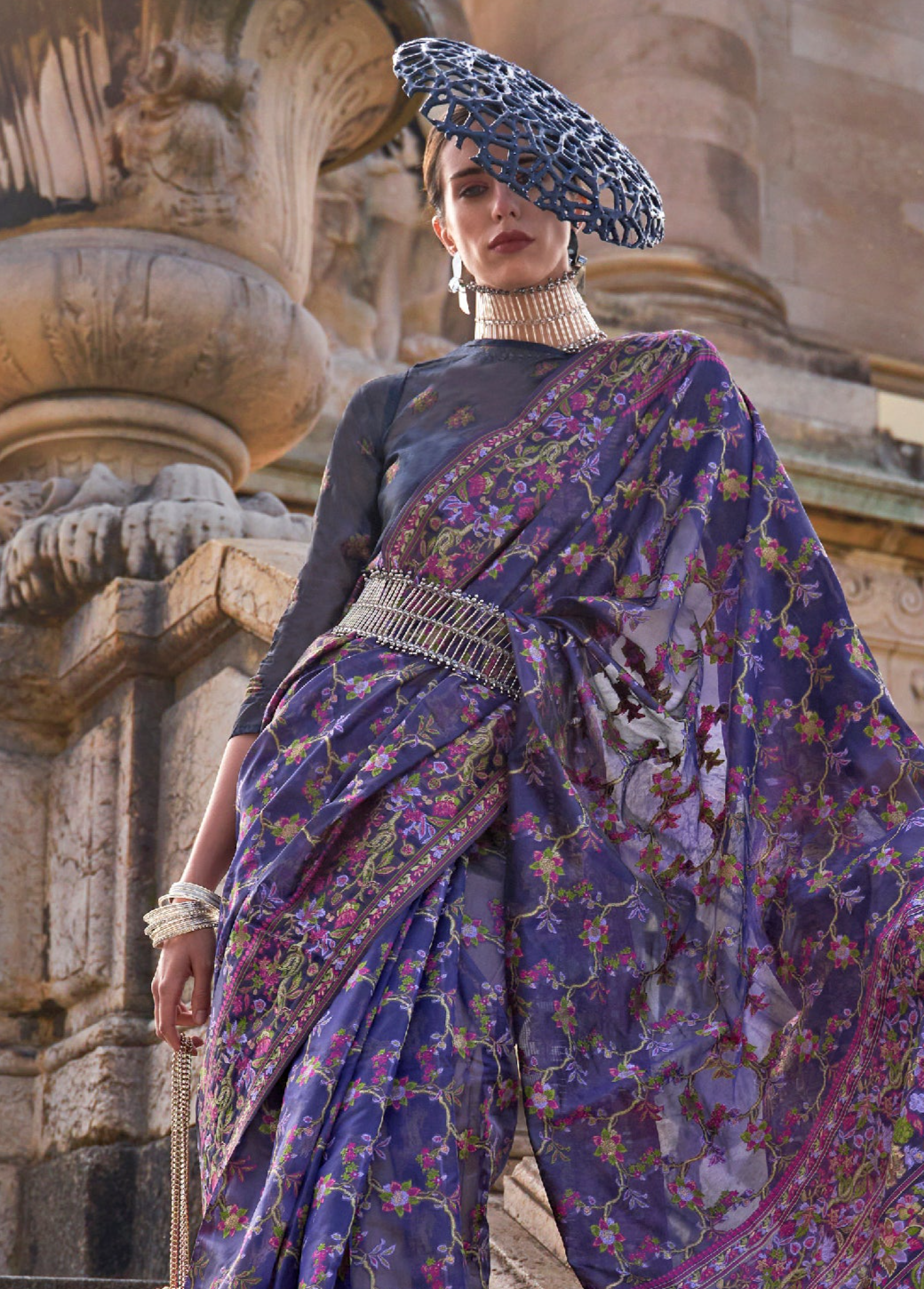 Stylish Purple Organza Handloom Parsi Saree