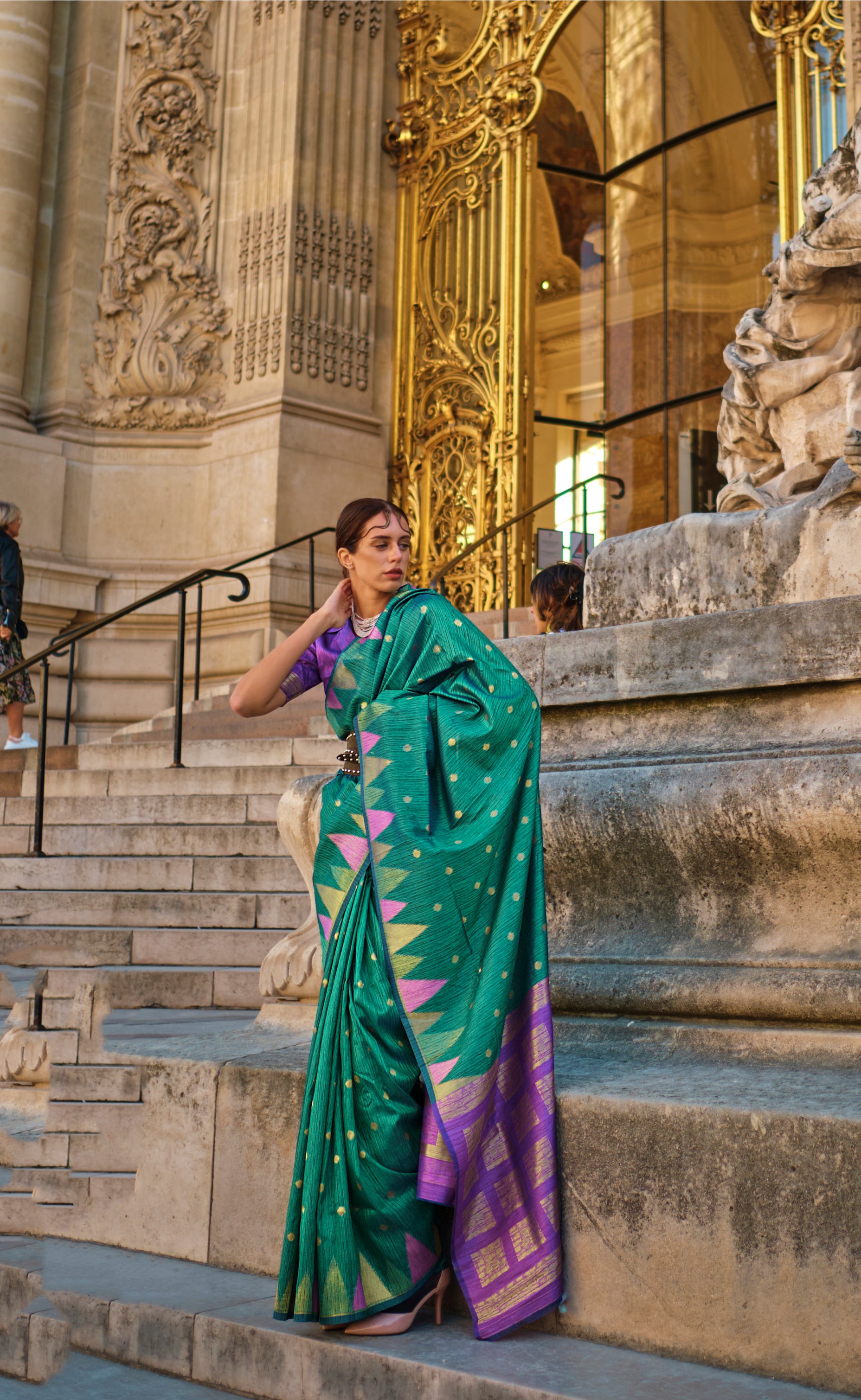 Regal Green Woven Khadi Temple Border Saree