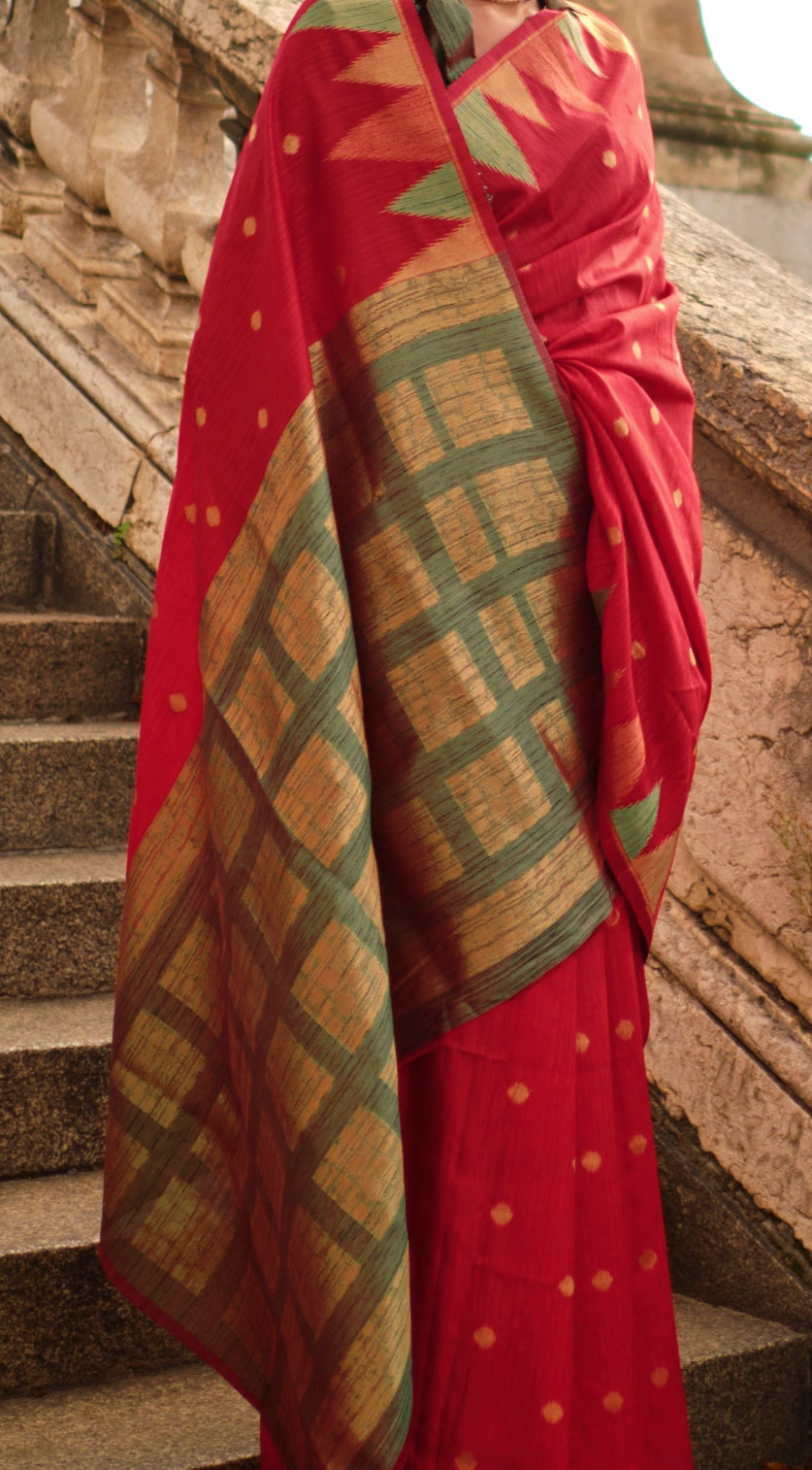 Vibrant Red Woven Khadi Temple Border Saree