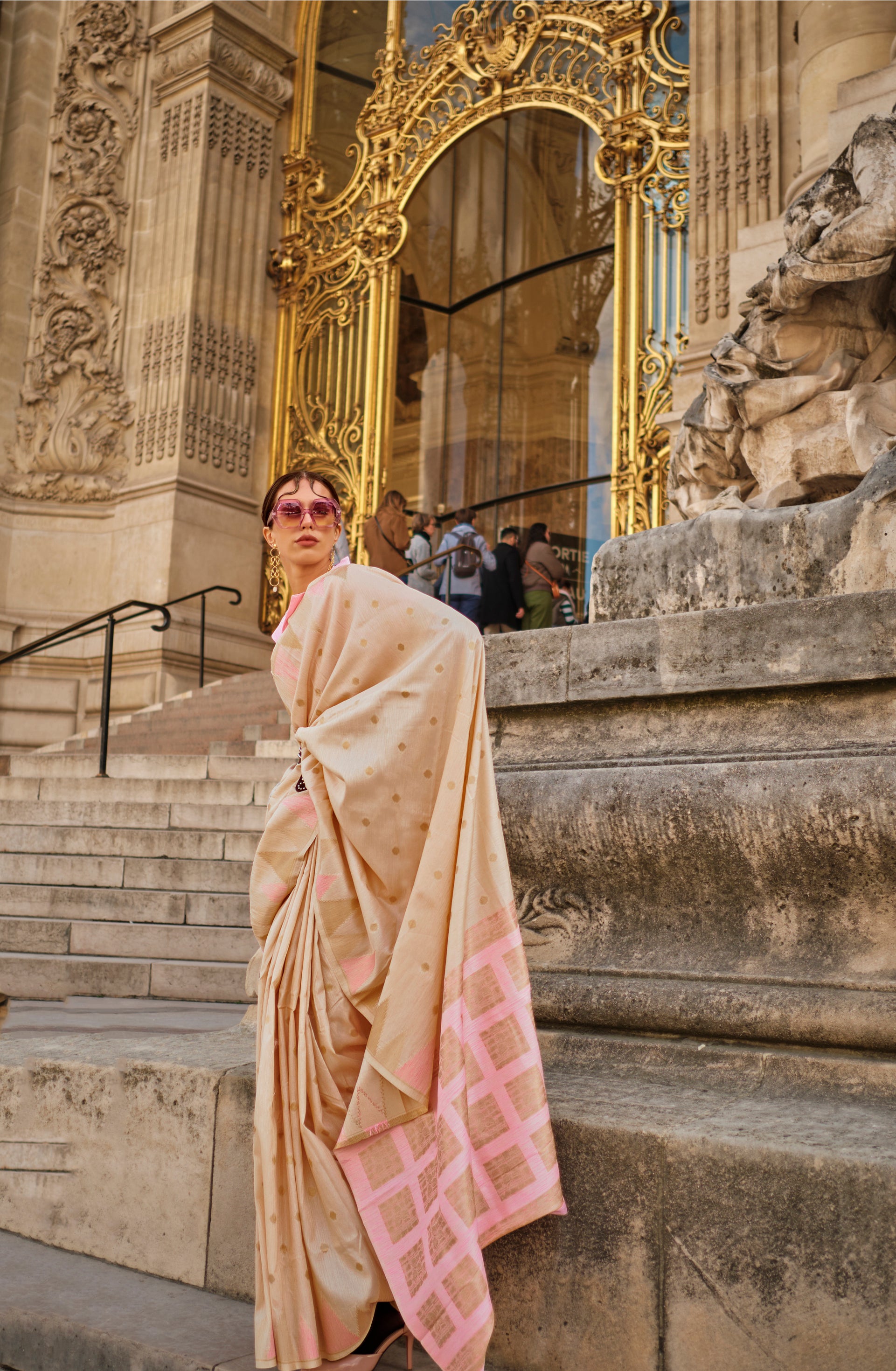 Classic Cream Woven Khadi Temple Border Saree