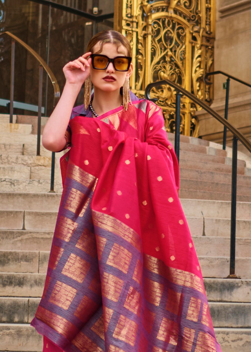 Elegant Dark Pink Woven Khadi Temple Border Saree