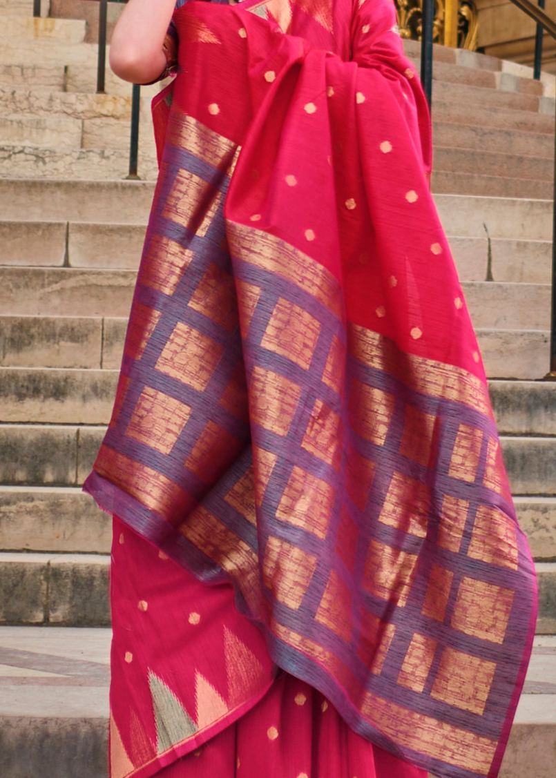 Elegant Dark Pink Woven Khadi Temple Border Saree