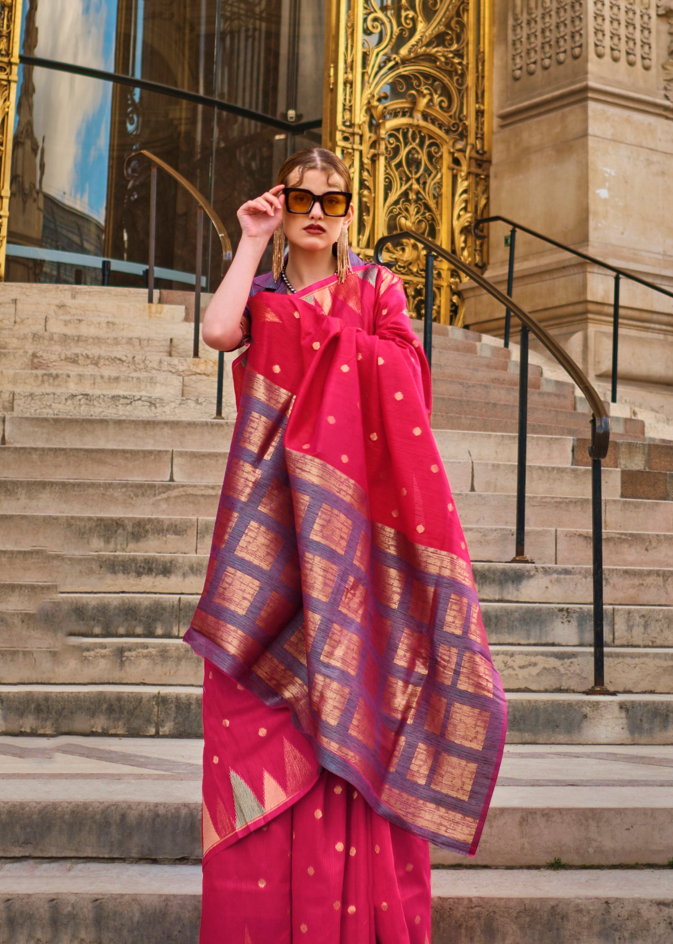 Elegant Dark Pink Woven Khadi Temple Border Saree