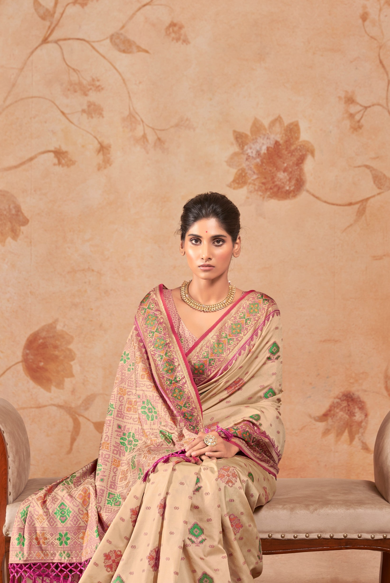 Beige Woven Patola Silk Saree