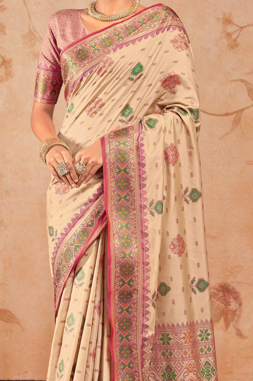 Beige Woven Patola Silk Saree