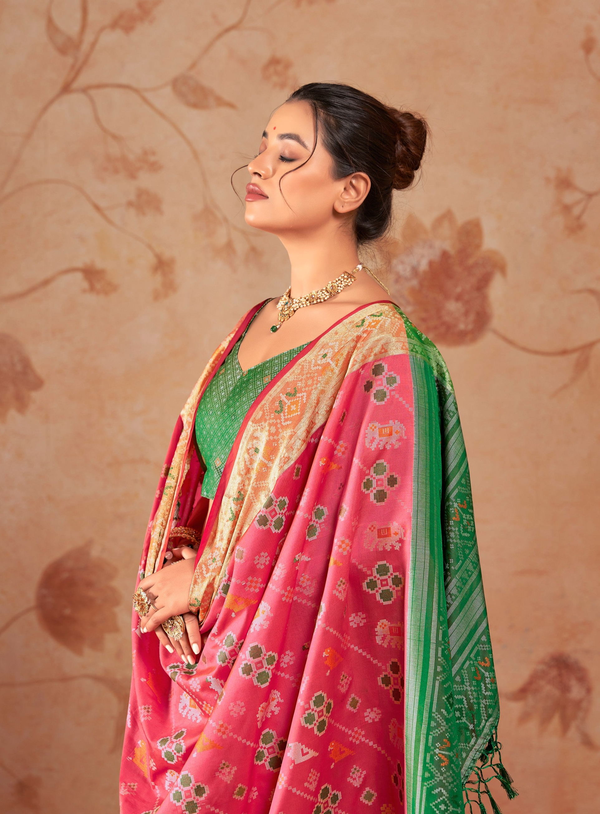 Coral Red Zari Woven Patola Silk Saree