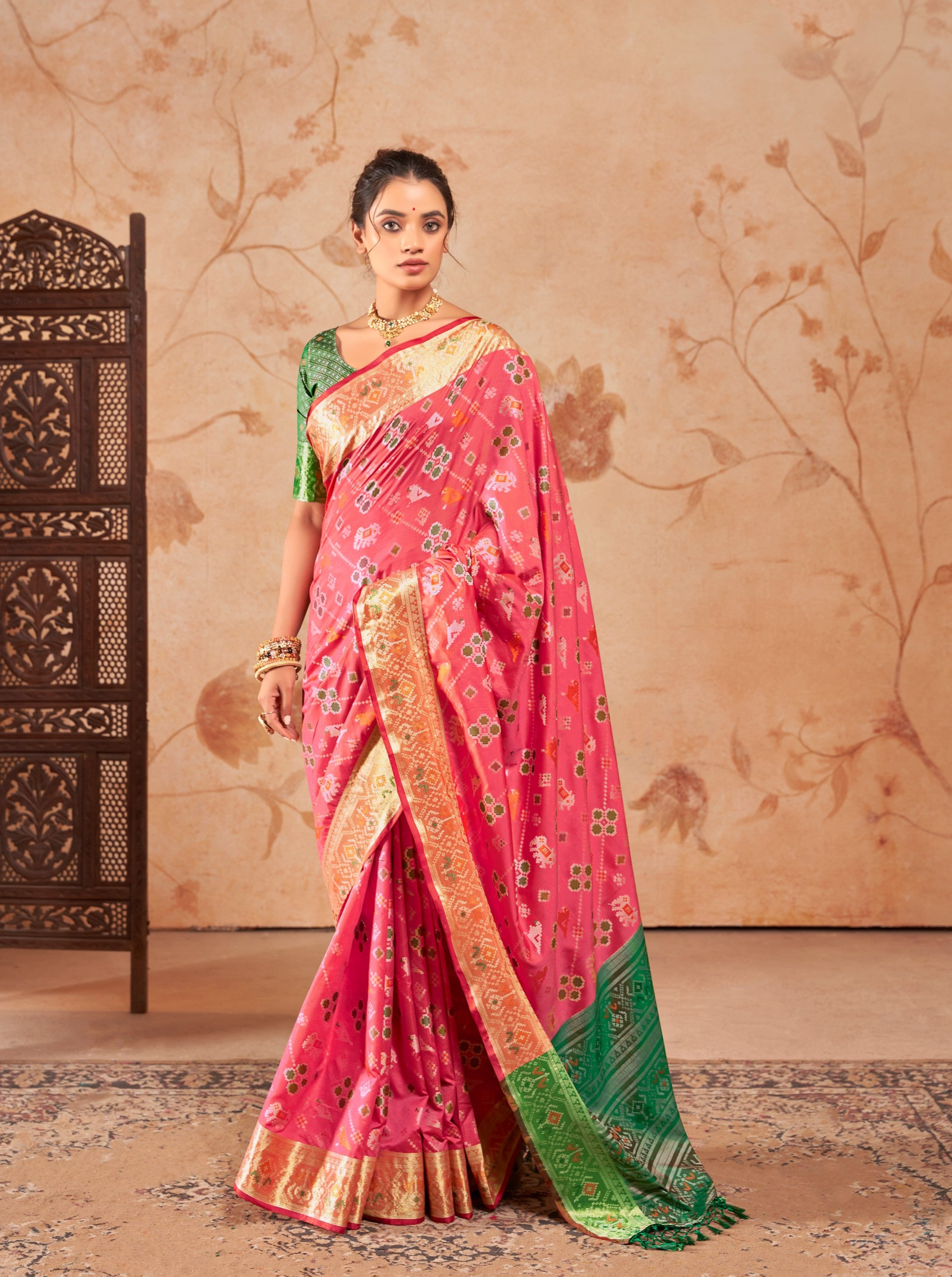 Coral Red Zari Woven Patola Silk Saree