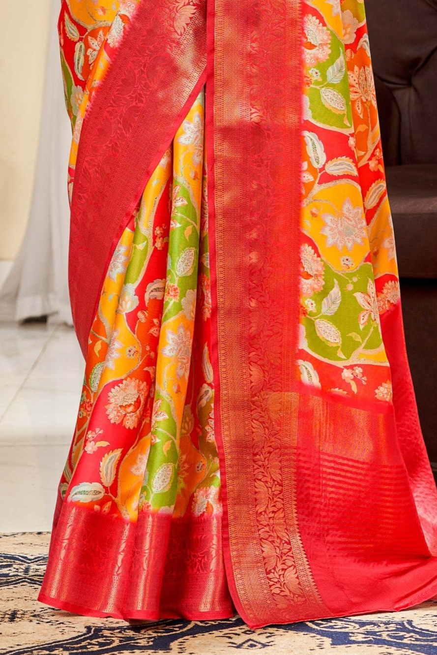 Mustard Yellow and Red Digital Printed Satin Silk Saree