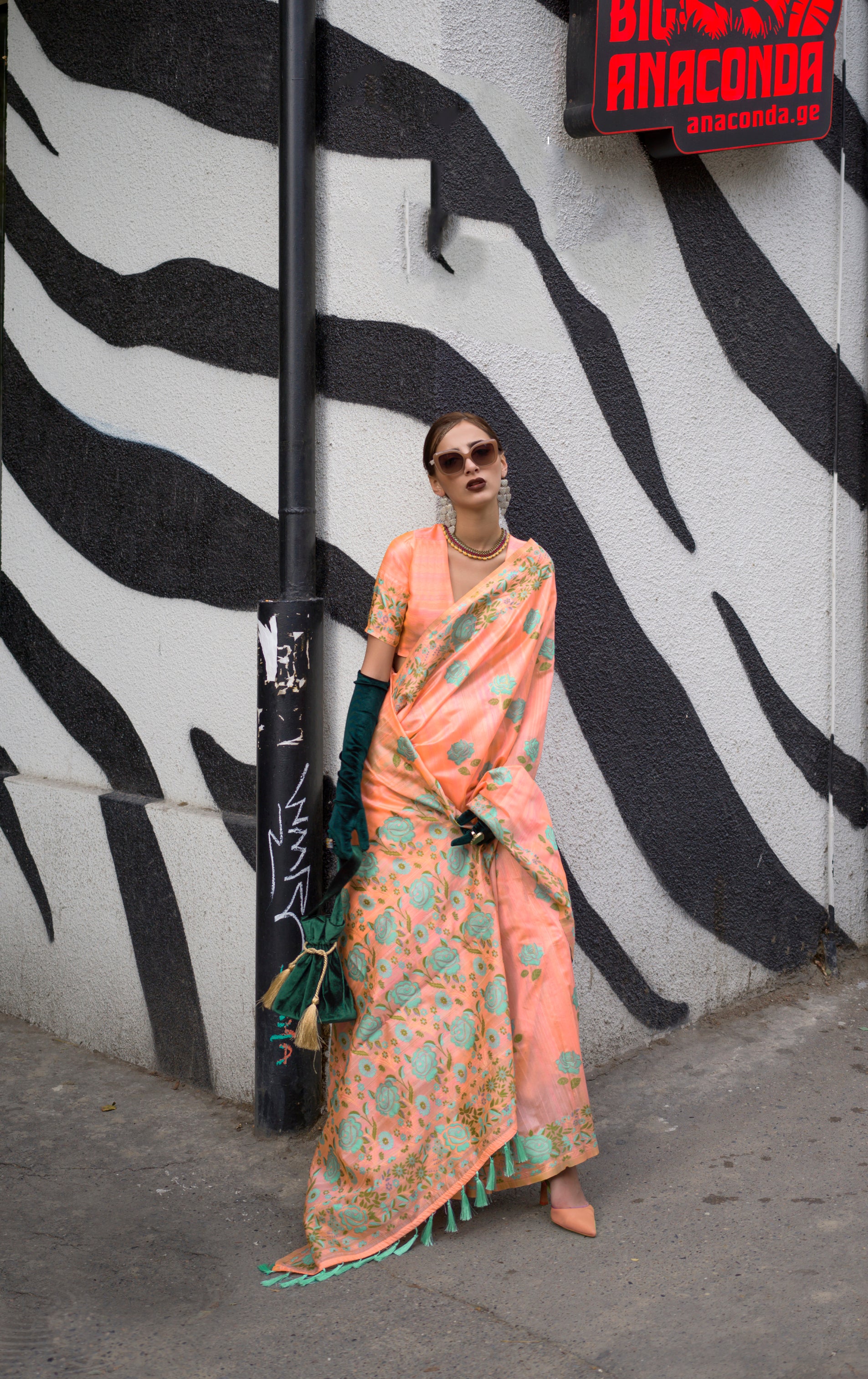 Radiant Light Orange Handloom Parsi Silk Saree