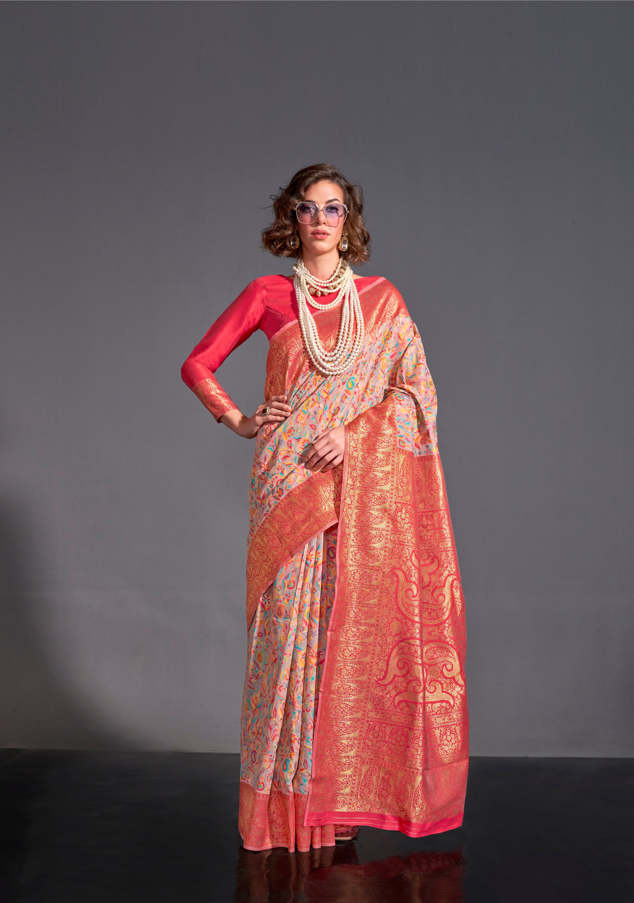 Peach Kashmiri Handloom Silk Saree