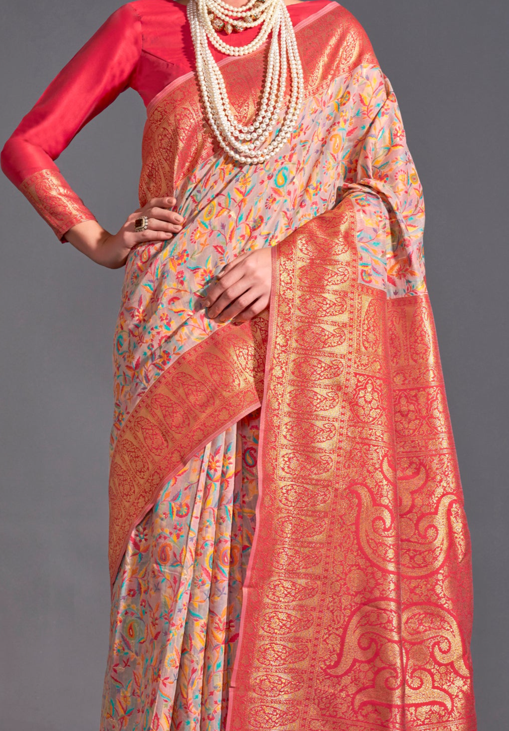 Peach Kashmiri Handloom Silk Saree