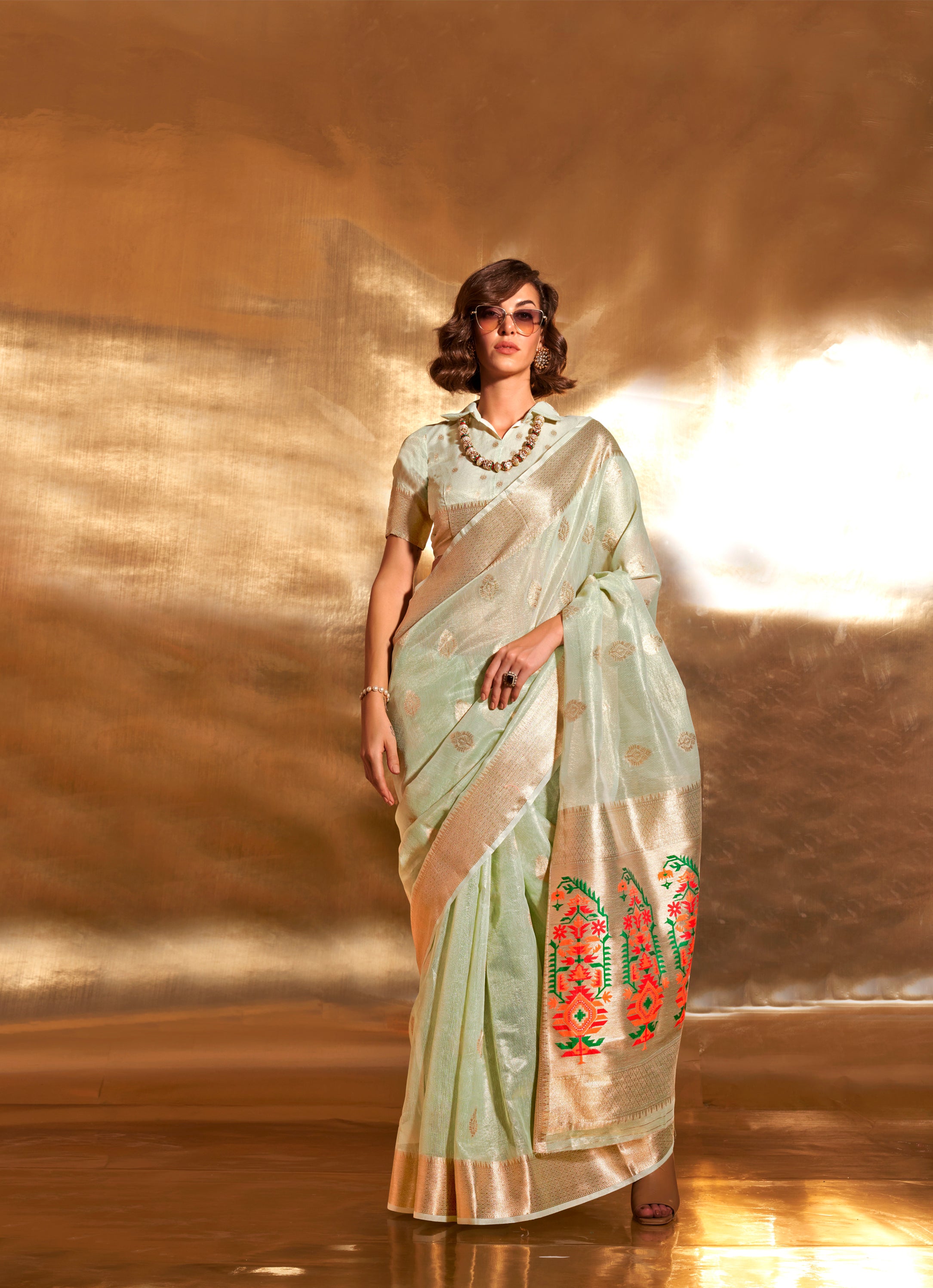 Mint Green Zari Woven Paithani Tissue Saree