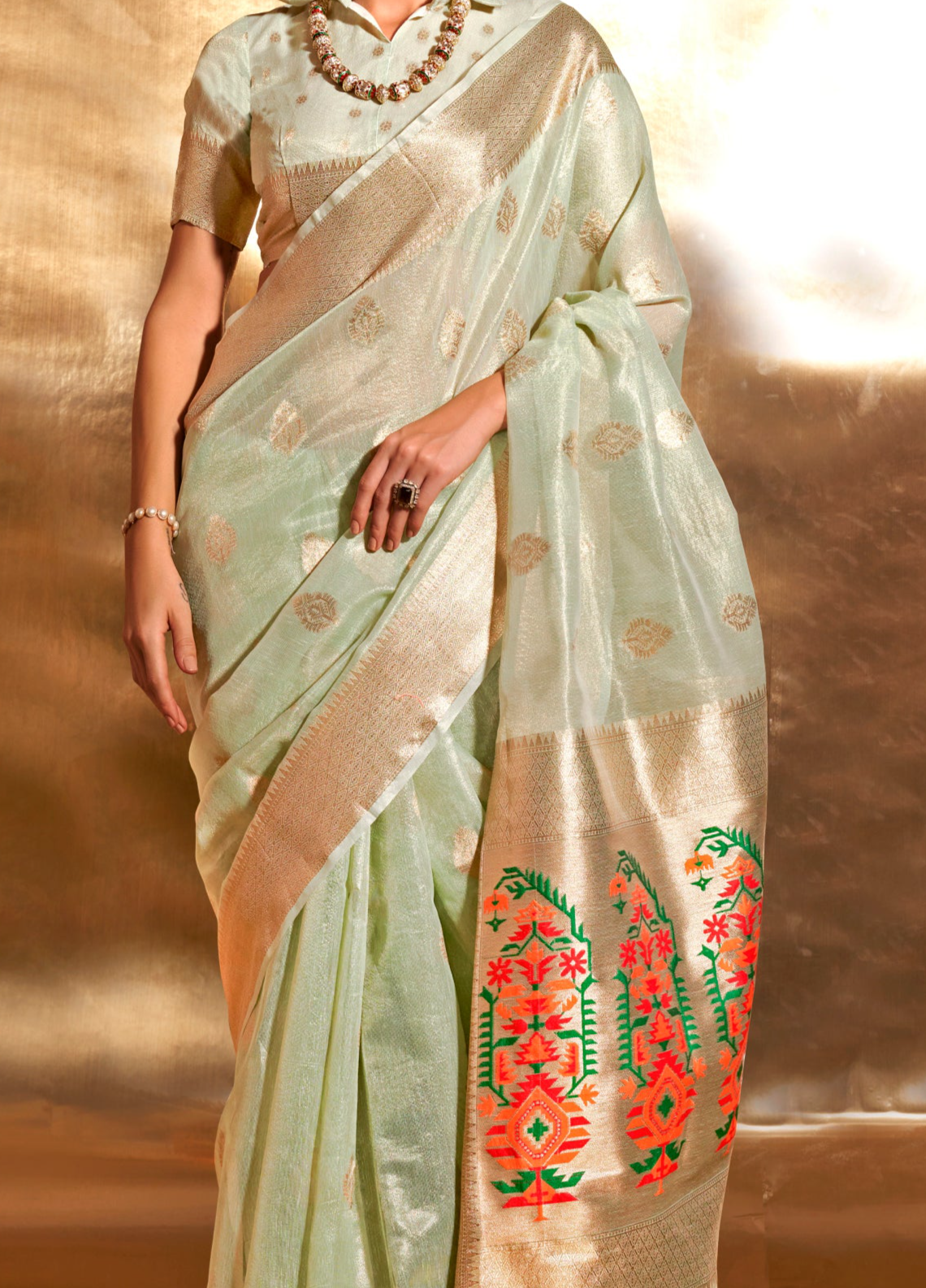 Mint Green Zari Woven Paithani Tissue Saree