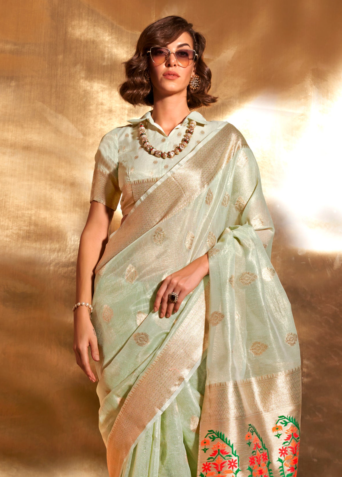 Mint Green Zari Woven Paithani Tissue Saree