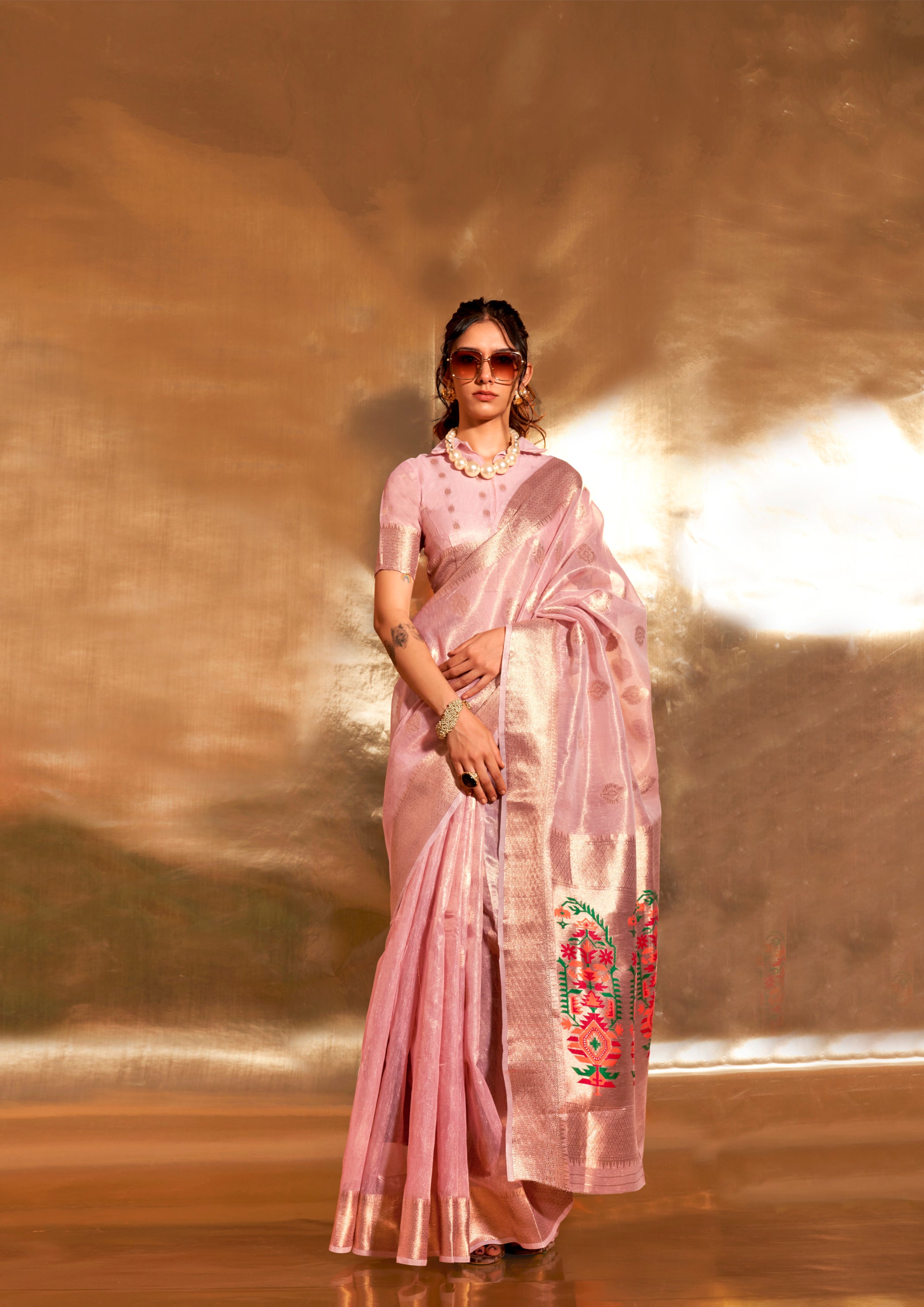 Rose Pink Zari Woven Paithani Tissue Saree