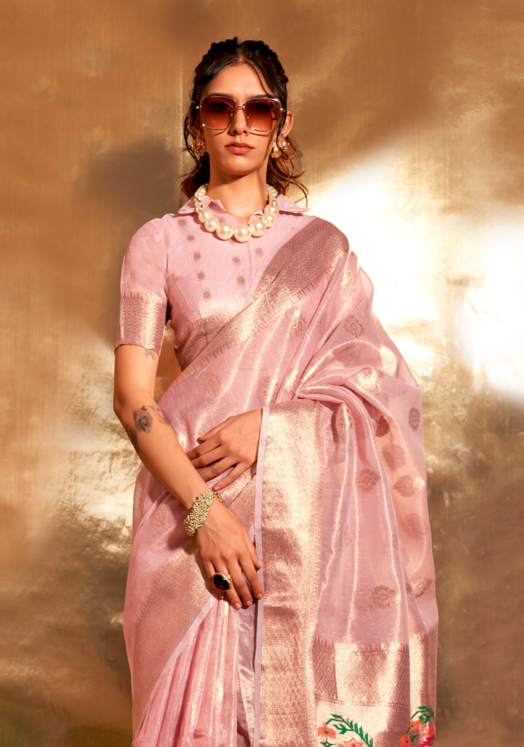 Rose Pink Zari Woven Paithani Tissue Saree