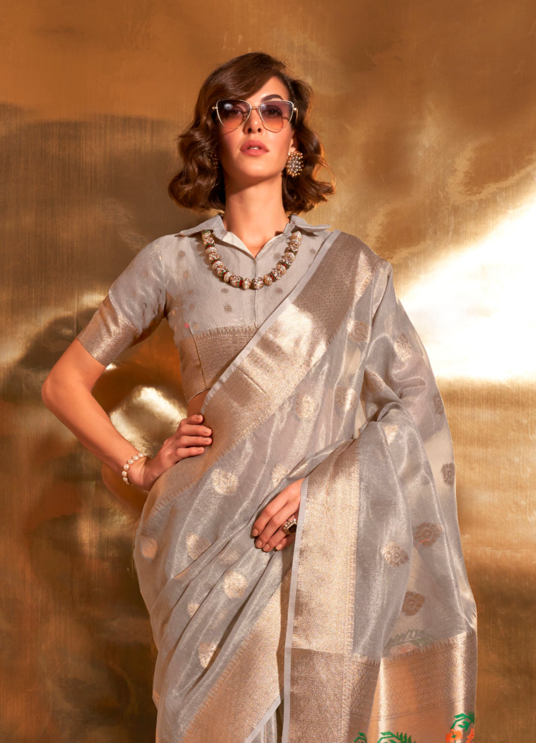 Silver Zari Woven Paithani Tissue Saree