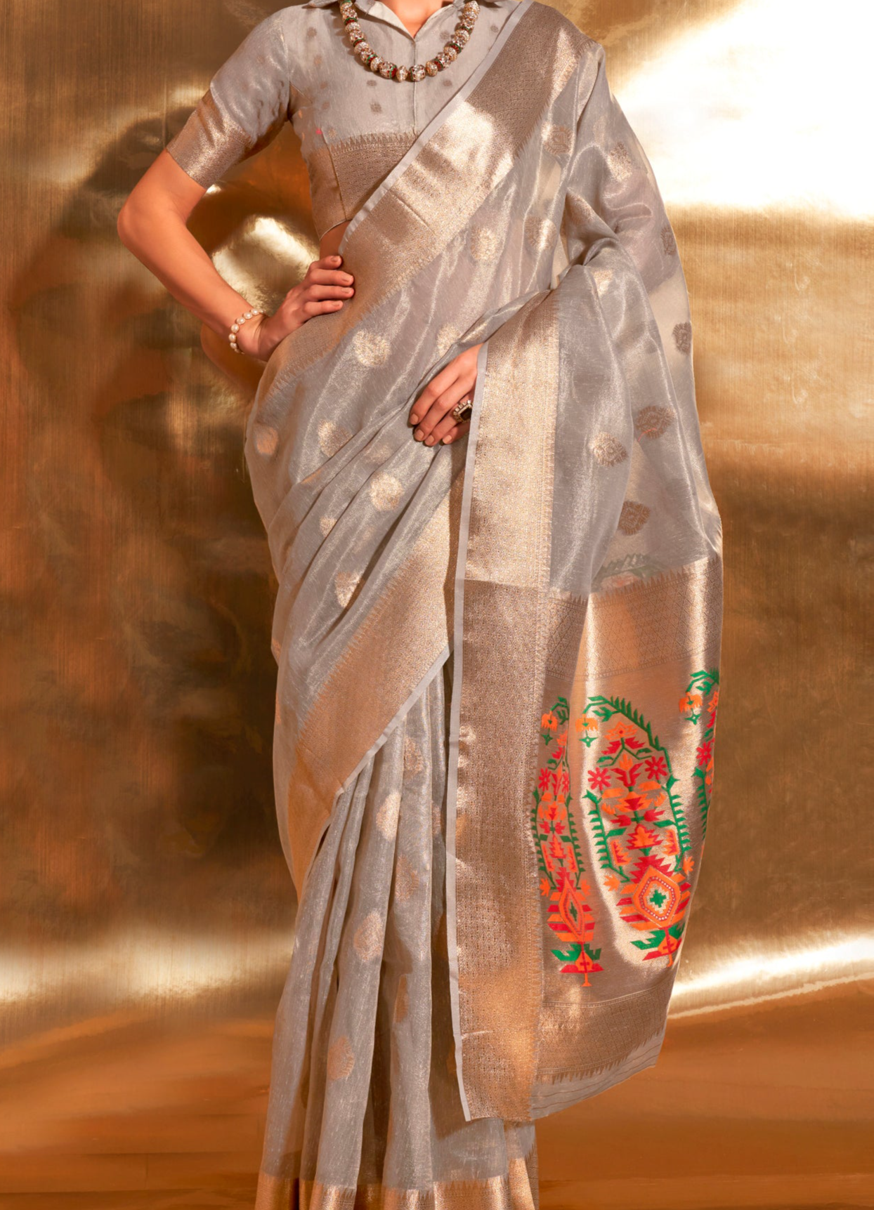 Silver Zari Woven Paithani Tissue Saree