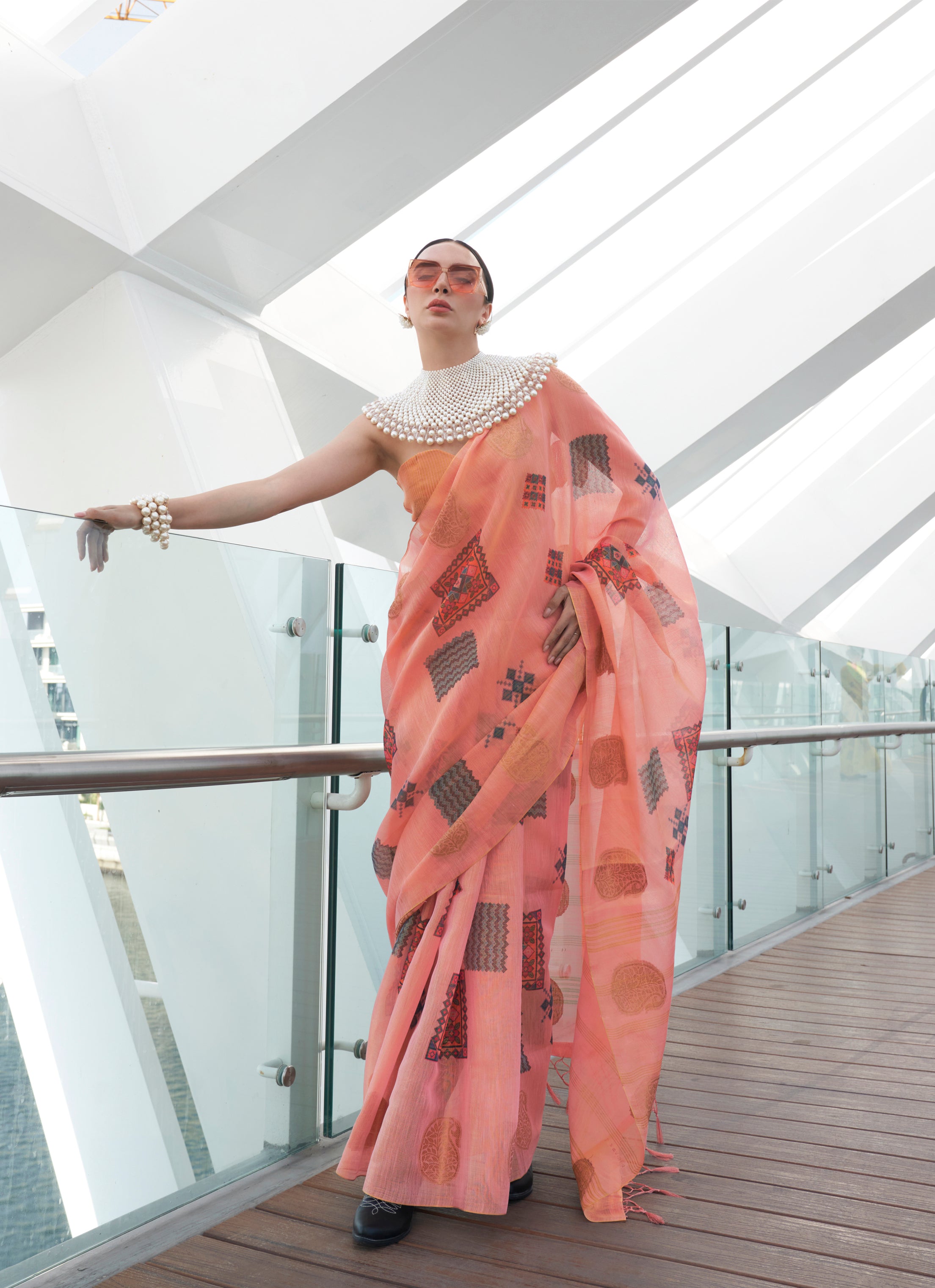 Light Orange Printed Handloom Zari Tissue Saree