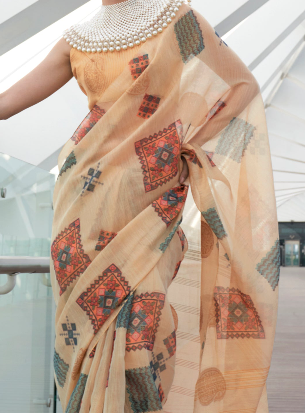 Cream Color Printed Handloom Zari Tissue Saree