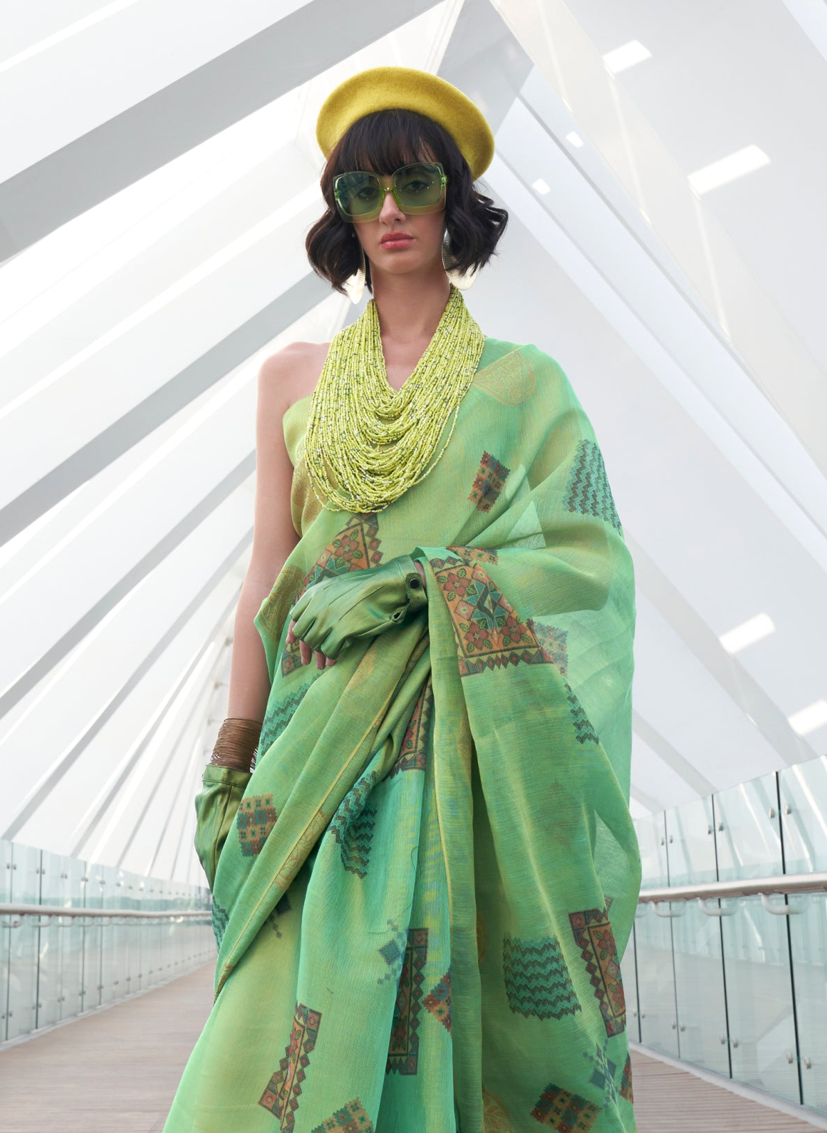 Sky Green Printed Handloom Zari Tissue Saree