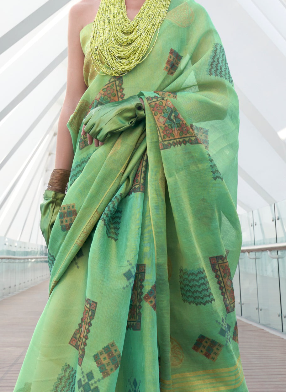 Sky Green Printed Handloom Zari Tissue Saree