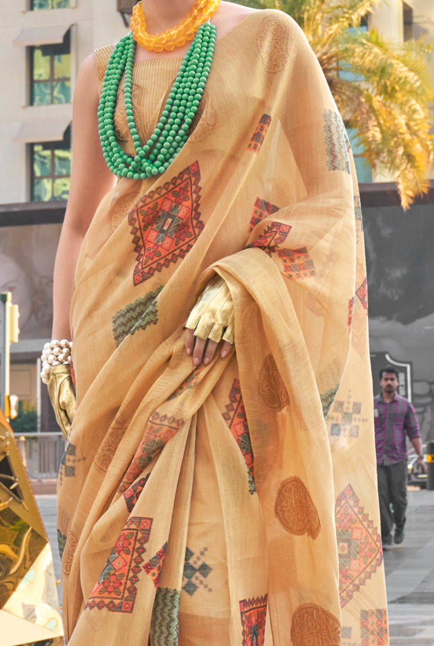 Light Gold Printed Handloom Zari Tissue Saree