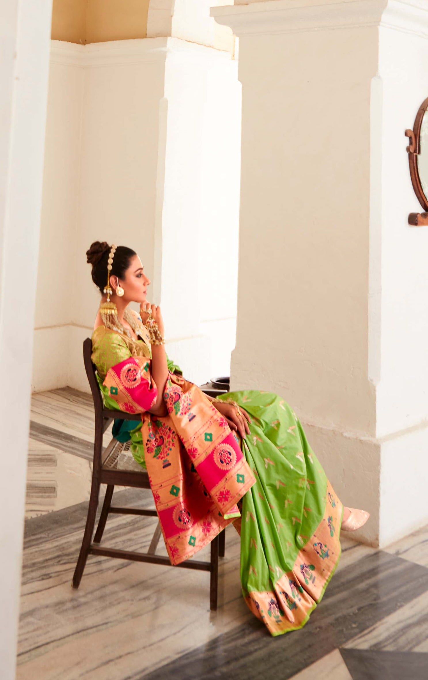 Pistachio Green and Pink Zari Woven Paithani Silk Saree