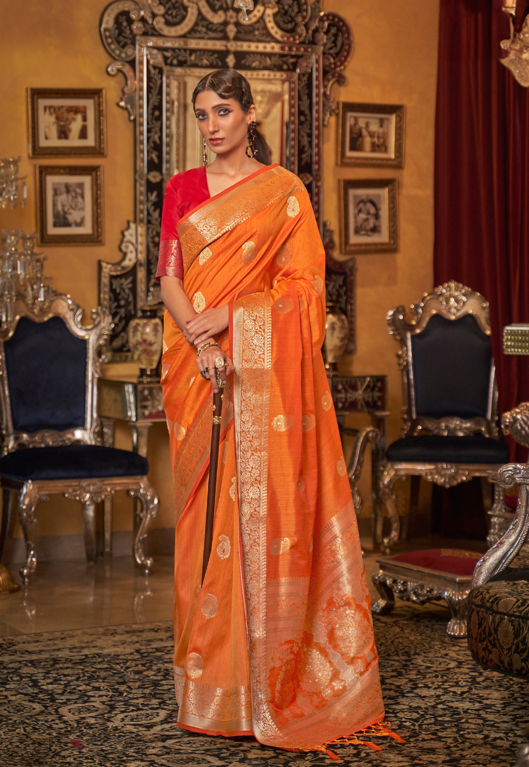 Nectarine Orange Zari Woven Tussar Saree