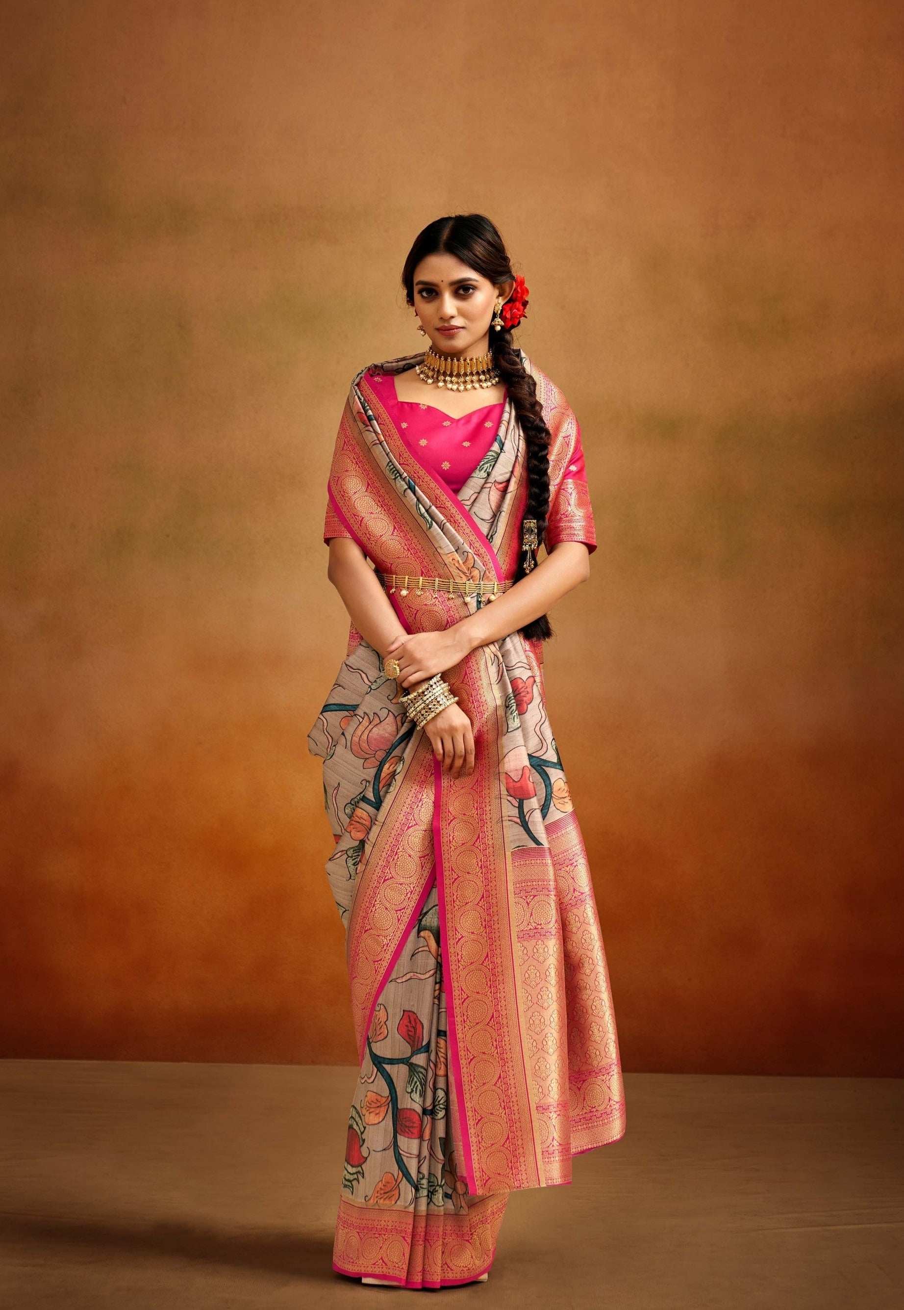 Dual Tone Grey and Pink Woven Banarasi Kalamkari Silk Saree