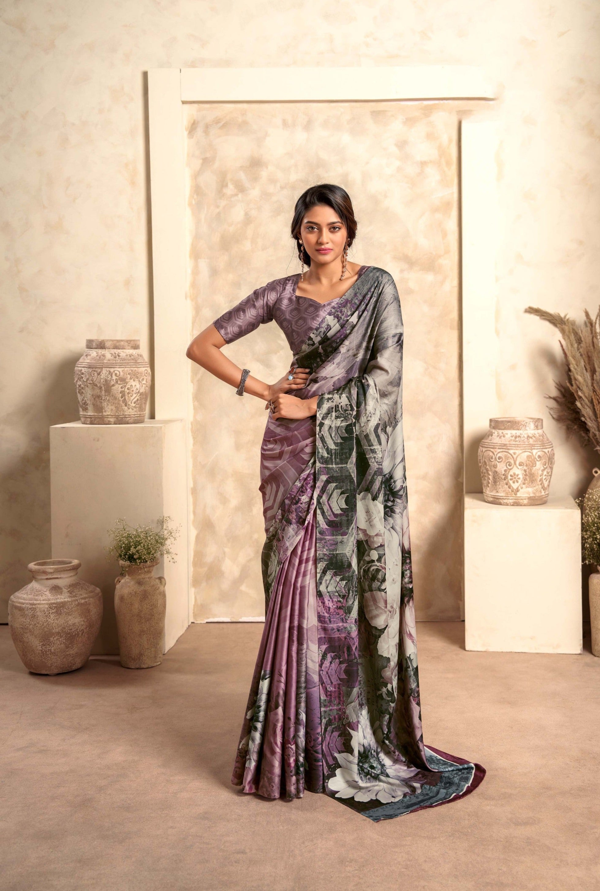 Tranquil Charcoal Digital Print Soft Silk Saree