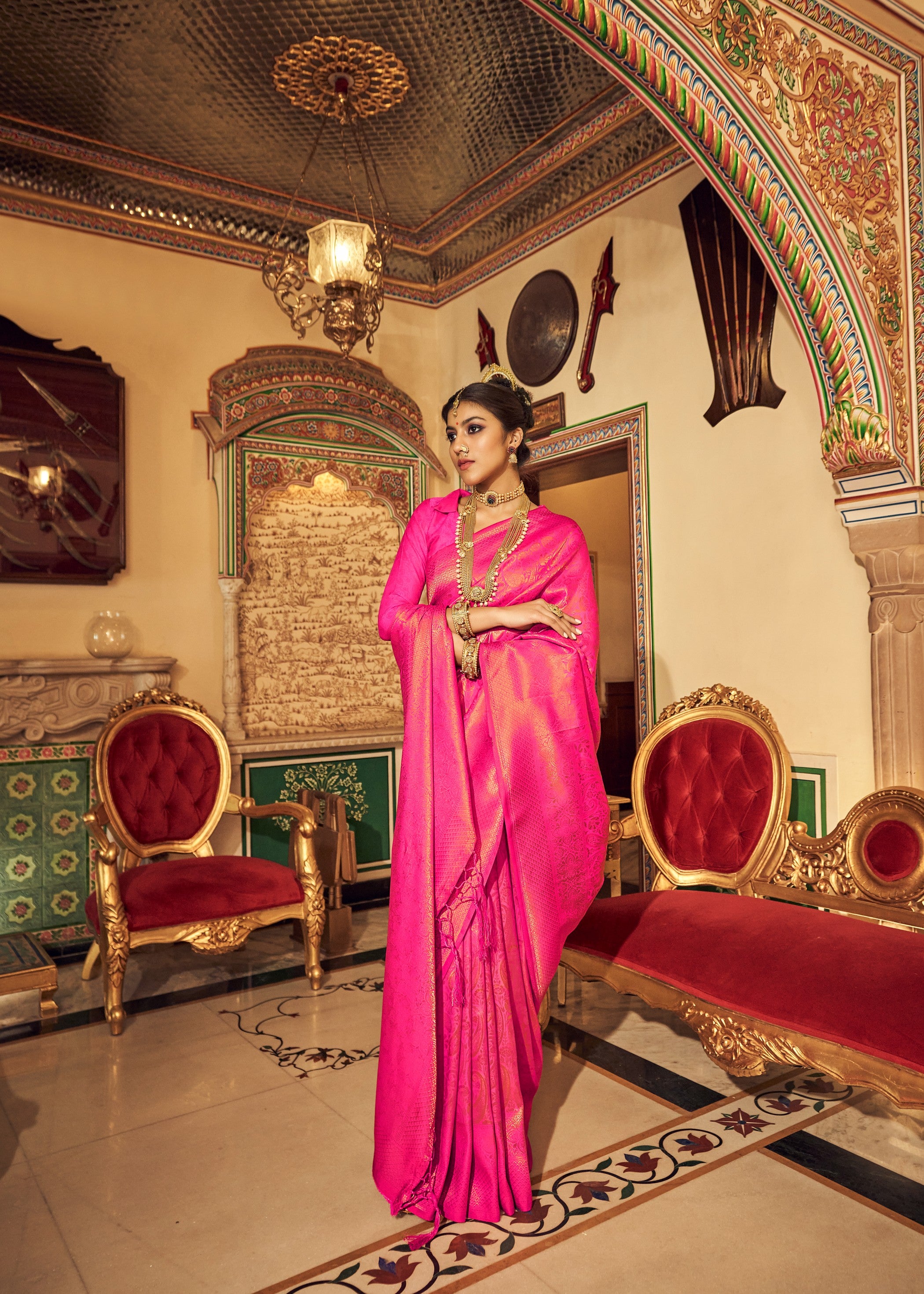 Fuchsia Pink Zari Woven Kanjivaram Silk Saree