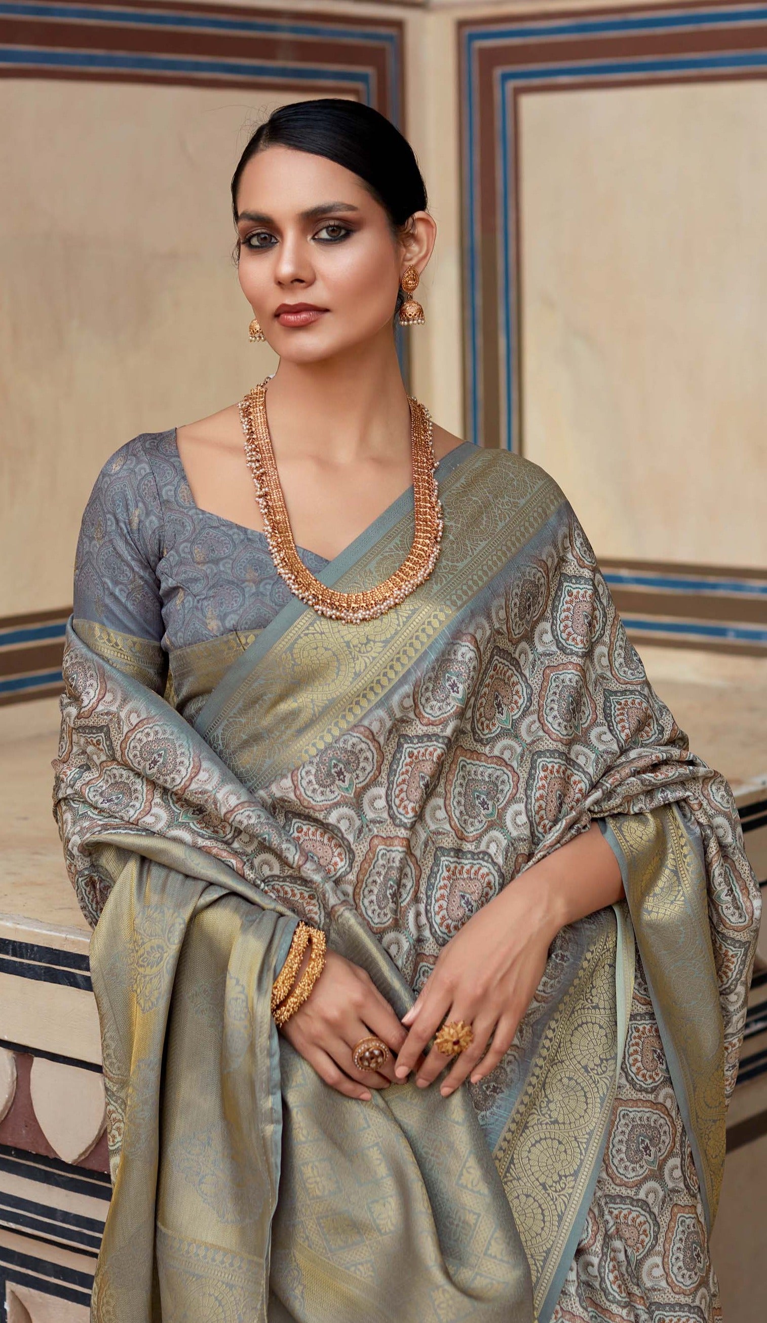 Granite Grey Banarasi Printed Silk Saree