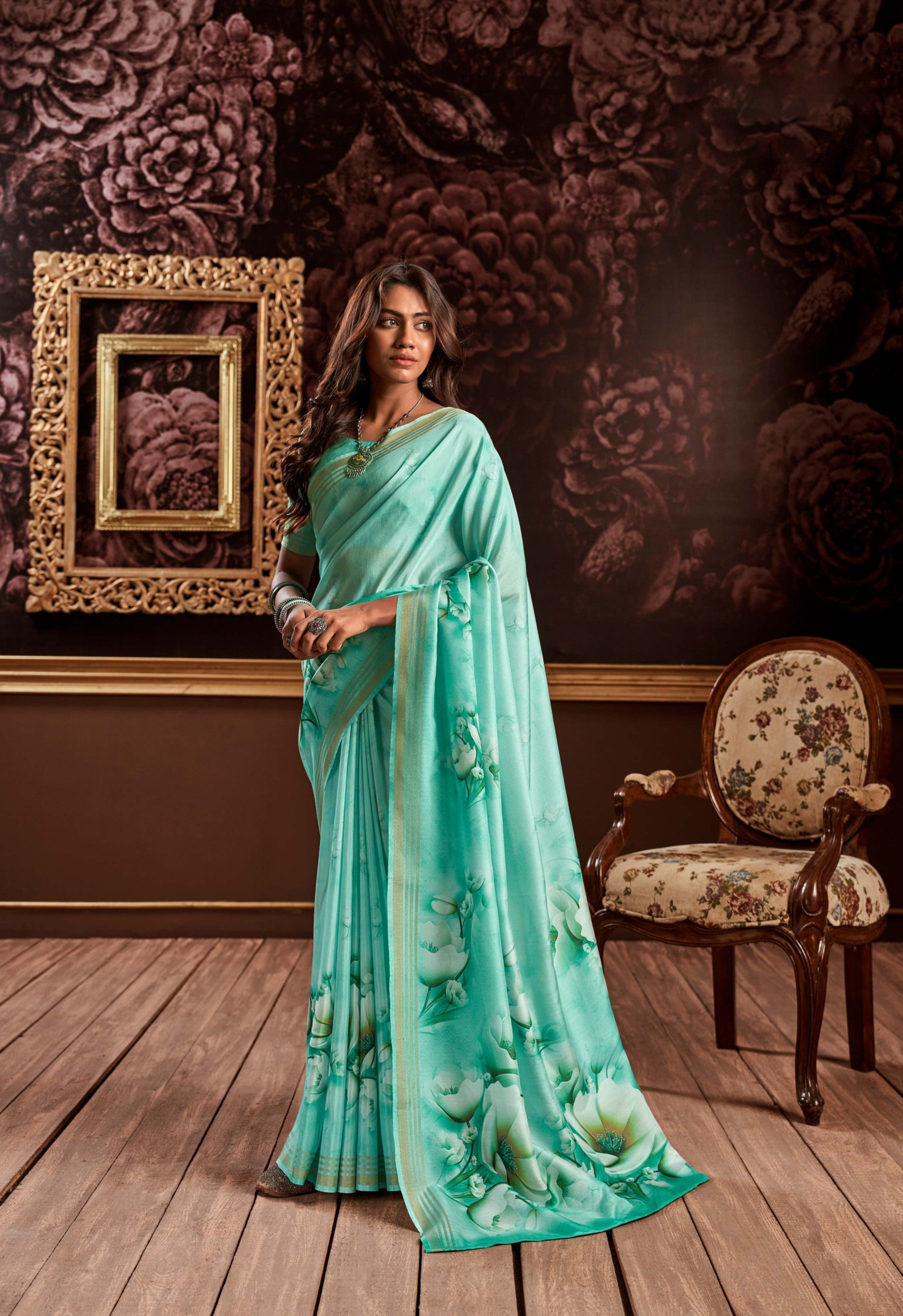 Pine Green Floral Digital Print Satin Silk Saree