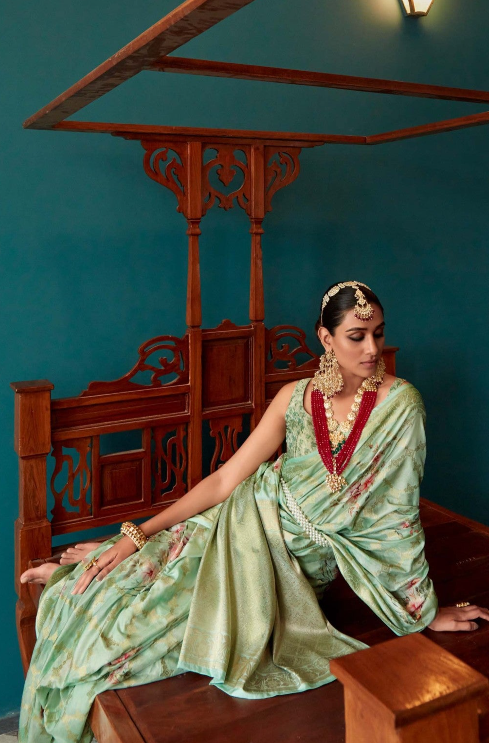 Teal Green Woven Banarasi Floral Printed Silk Saree