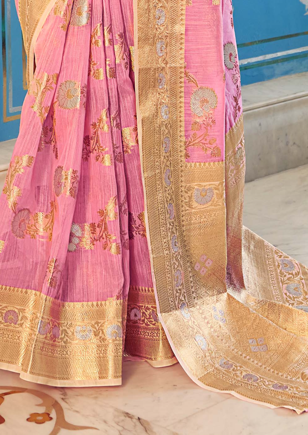 Tulip Pink Elegance Linen Silk Saree