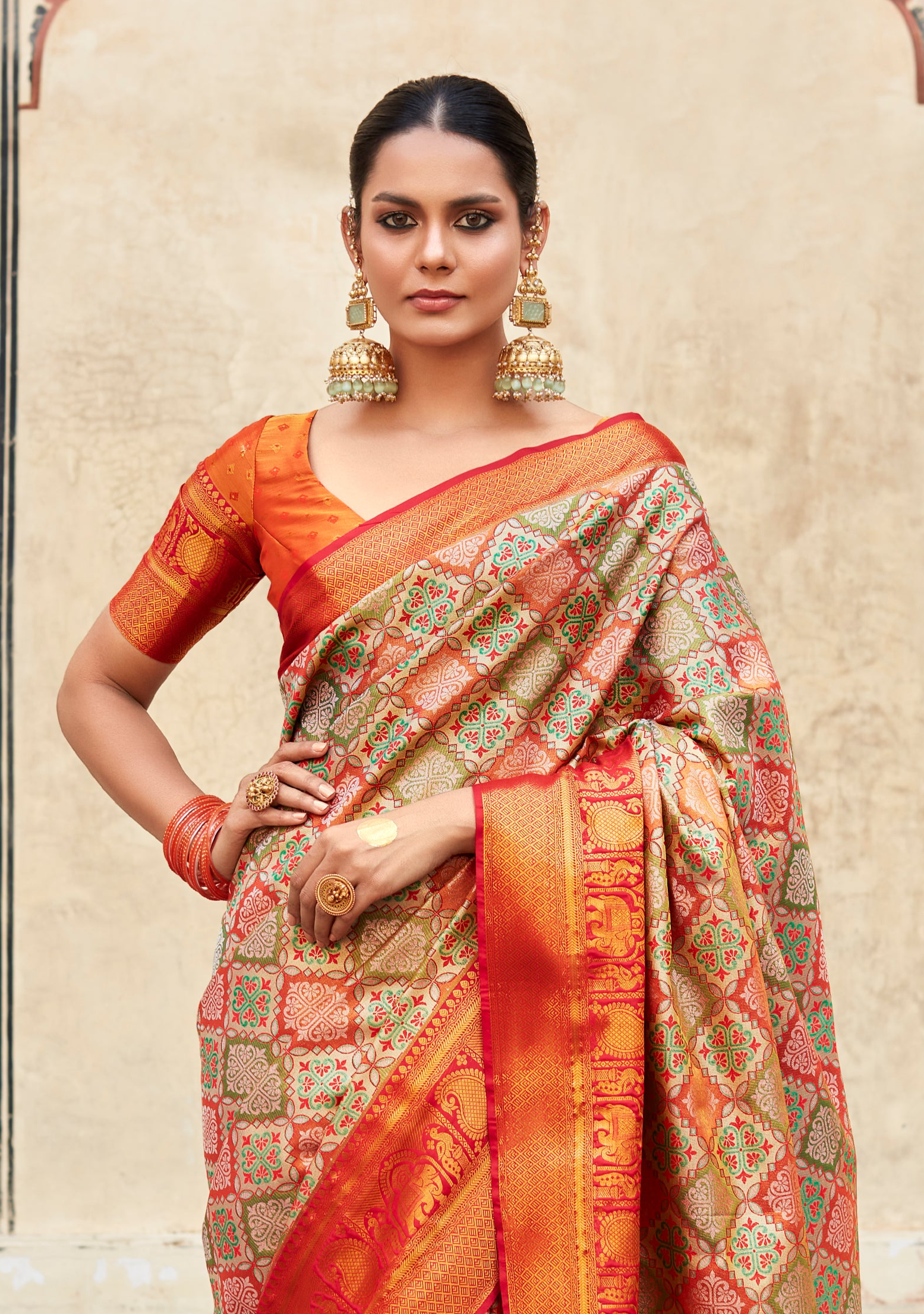 Peach Glow Orange Woven Banarasi Silk Saree