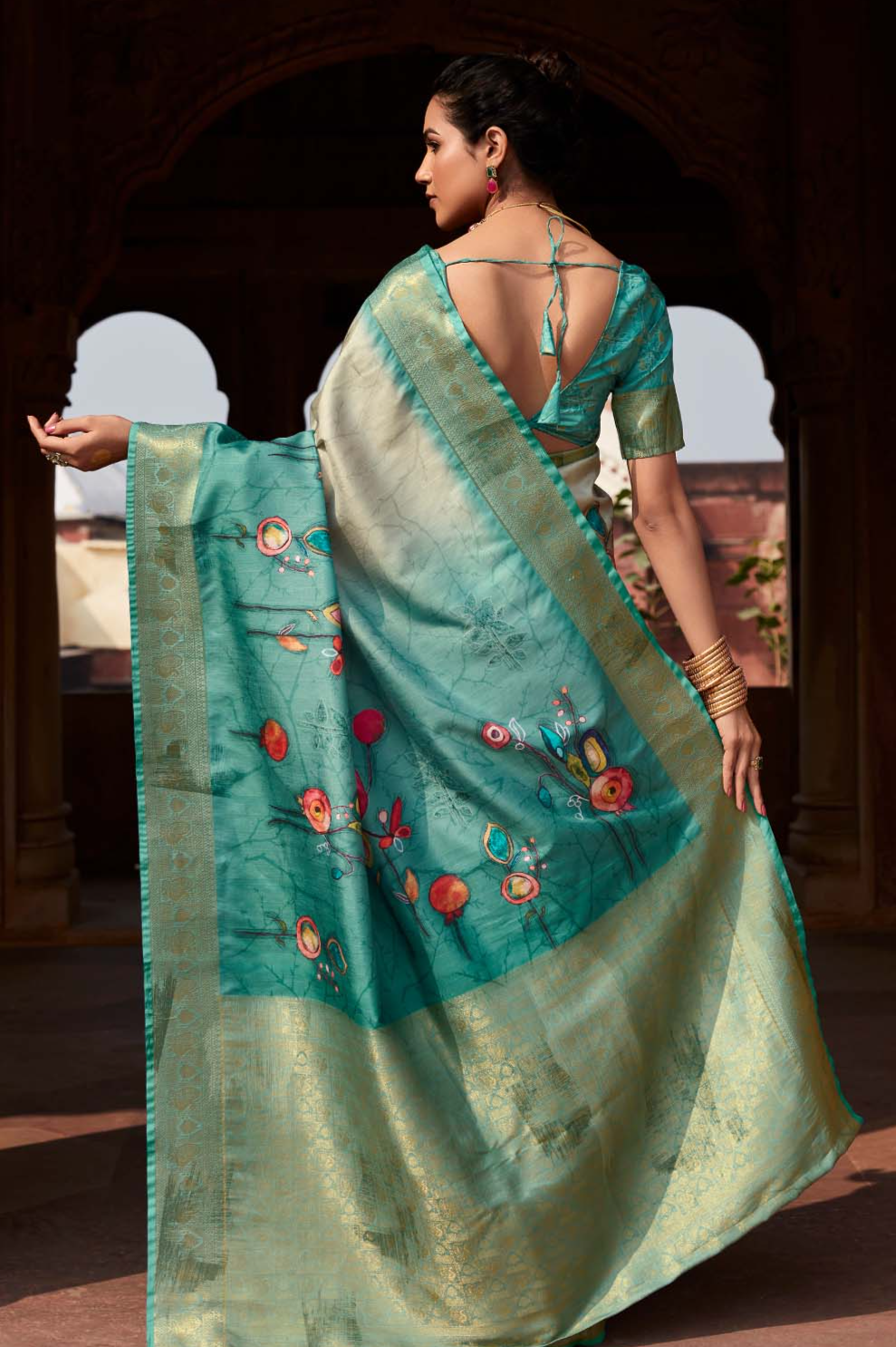 Jade Green Digital Printed Soft Silk Saree