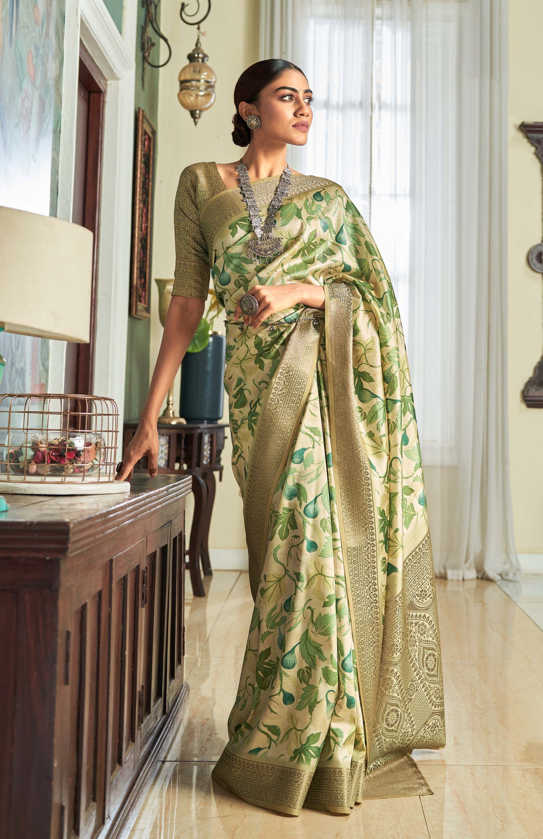 Elegant Light Green Banarasi Satin Silk Saree