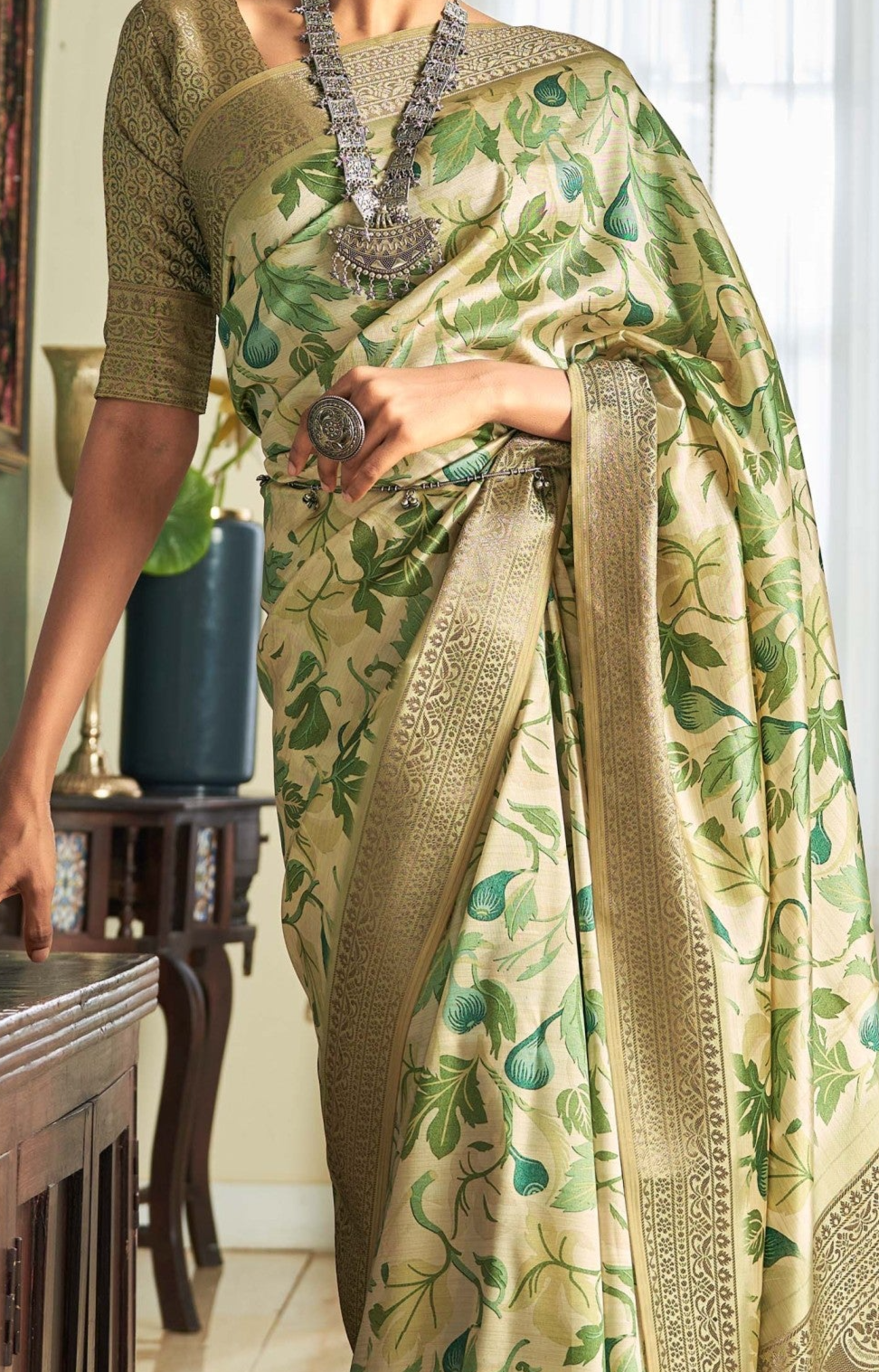 Elegant Light Green Banarasi Satin Silk Saree